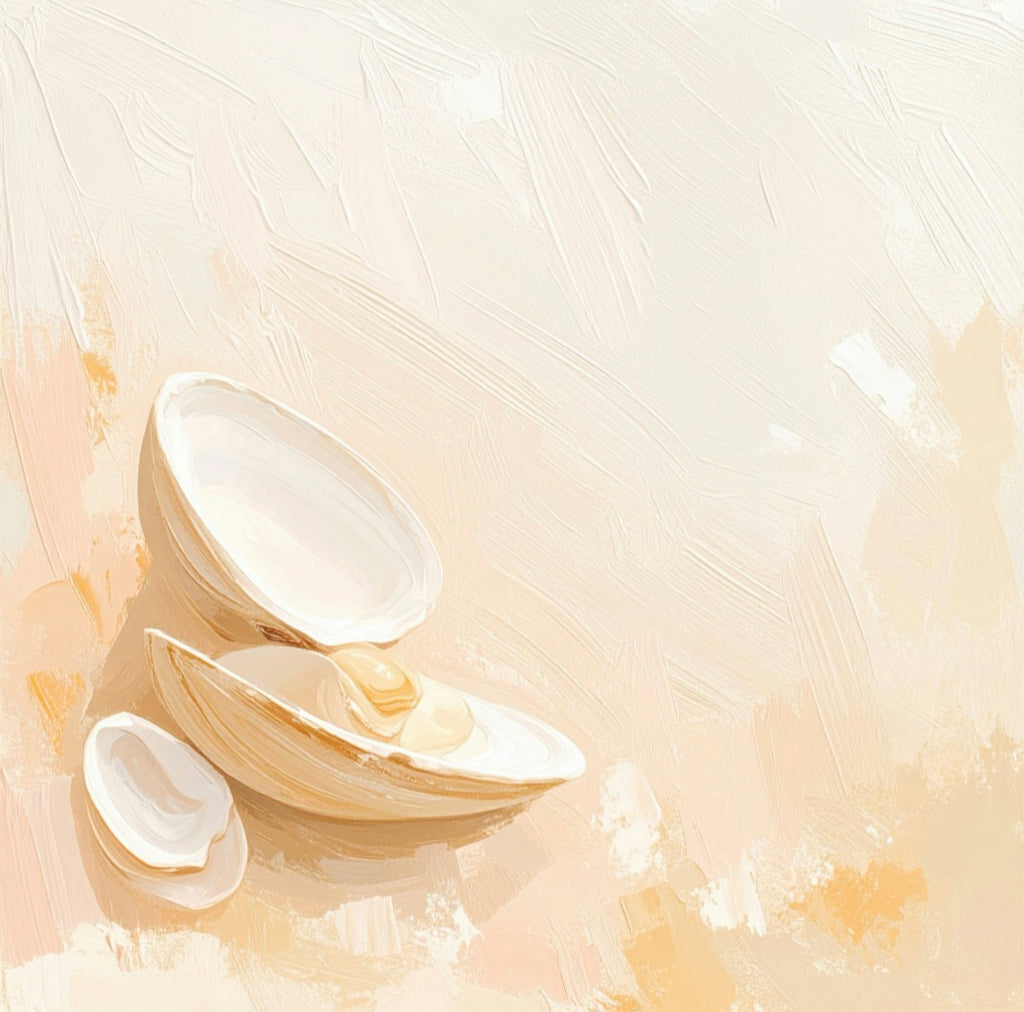 Three seashells on a textured beige background