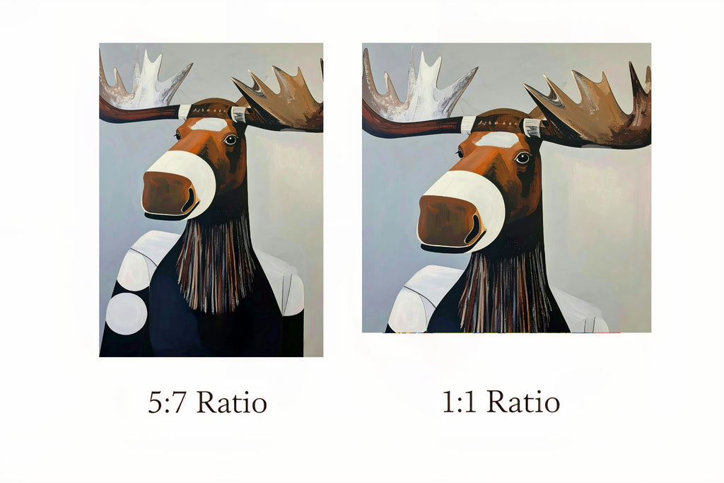 Two paintings of a moose with different aspect ratios on a white background.