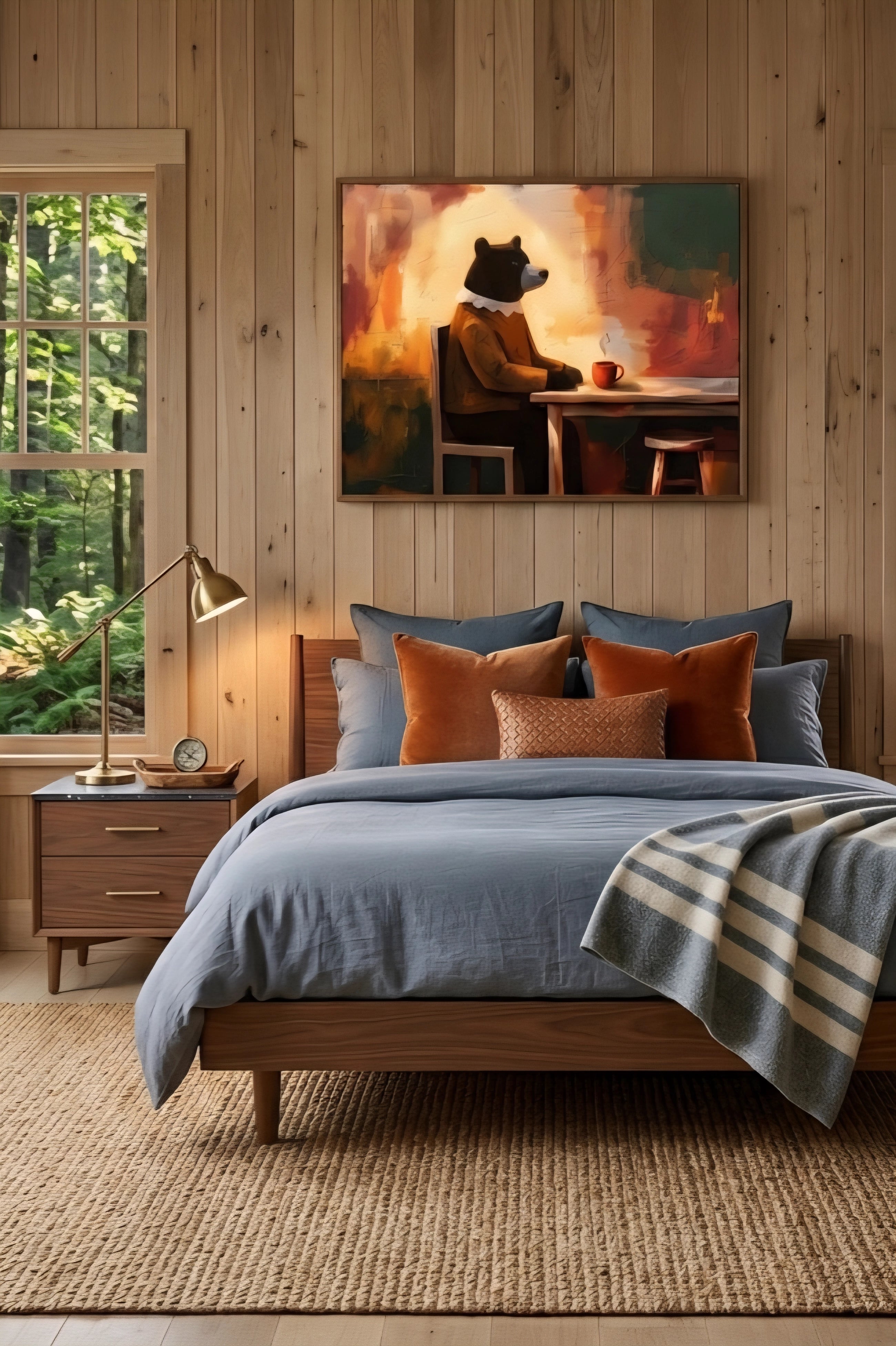 Framed bear wall art above bed in cozy bedroom, warm modern cabin decor with animal cafe illustration print and earthy tones