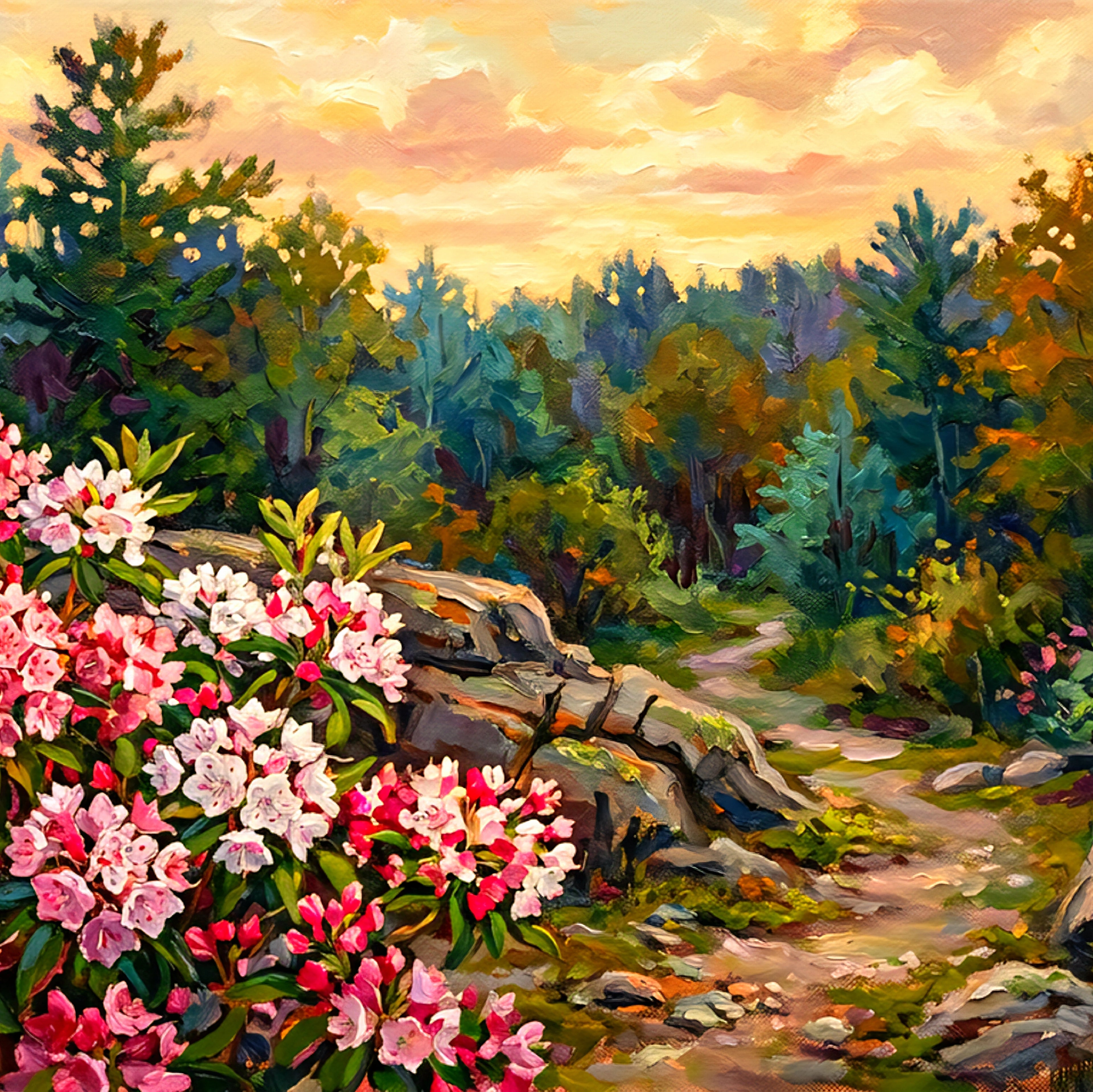 Square floral landscape wall art printable with pink blossoms and forest path, colorful nature digital download for modern statement wall decor
