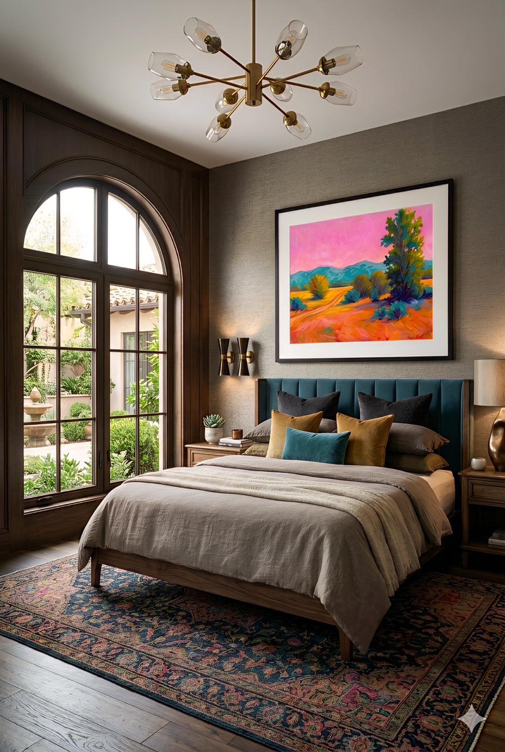 Colorful desert landscape wall art with pink sky in cozy modern bedroom, framed printable artwork above bed with warm tones and layered decor, digital download in horizontal vertical and square orientations