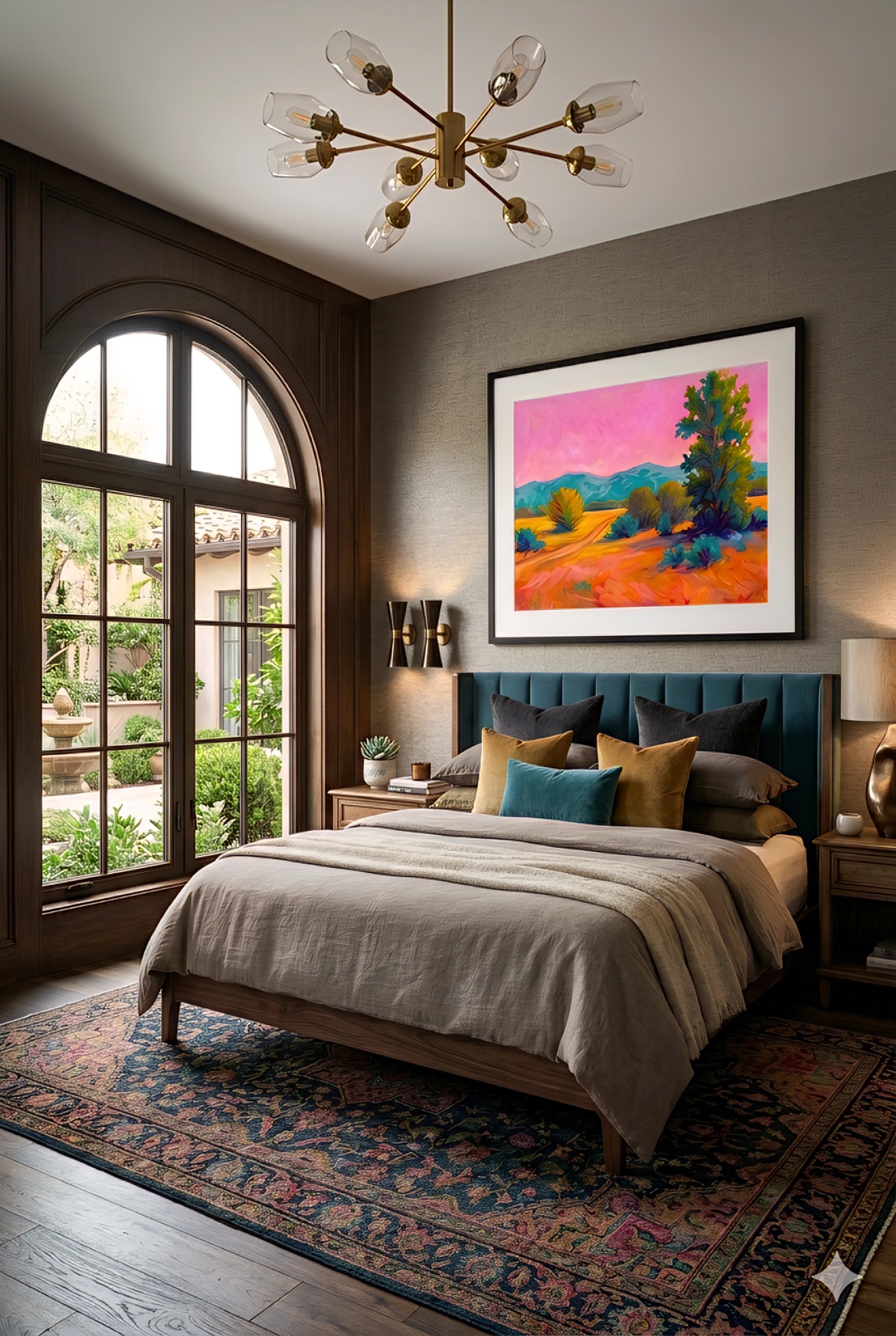 Colorful desert landscape wall art with pink sky in cozy modern bedroom, framed printable artwork above bed with warm tones and layered decor, digital download in horizontal vertical and square orientations