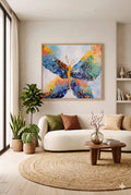 Colorful abstract butterfly savvy places  wall art in modern neutral living room with cream sofa, plants, and wood accents, framed oversized digital print decor centerpiece