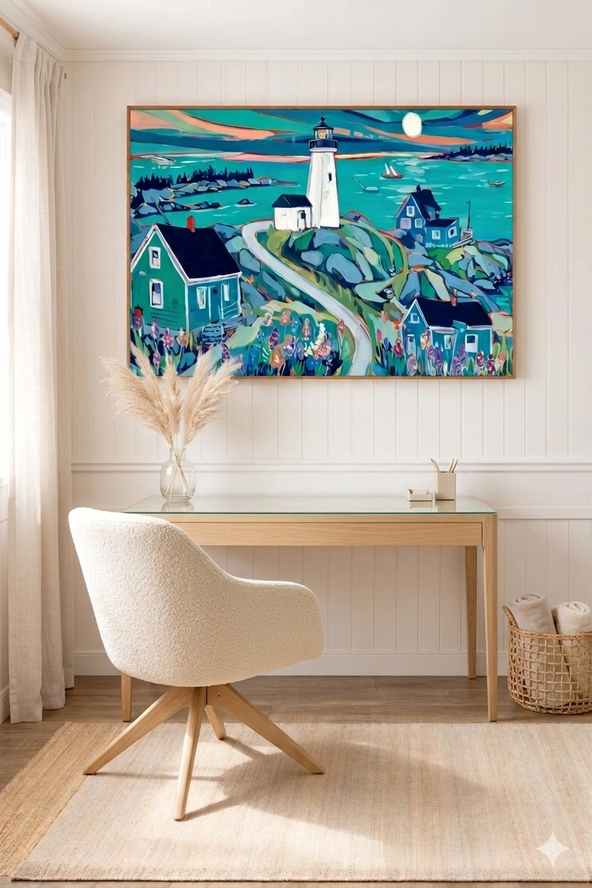 Light coastal home office with neutral textures and wood desk, styled with a colorful lighthouse seascape wall art featuring ocean waves, sailboats, and seaside cottages, creating a soft beach house decor focal point, digital download wall art