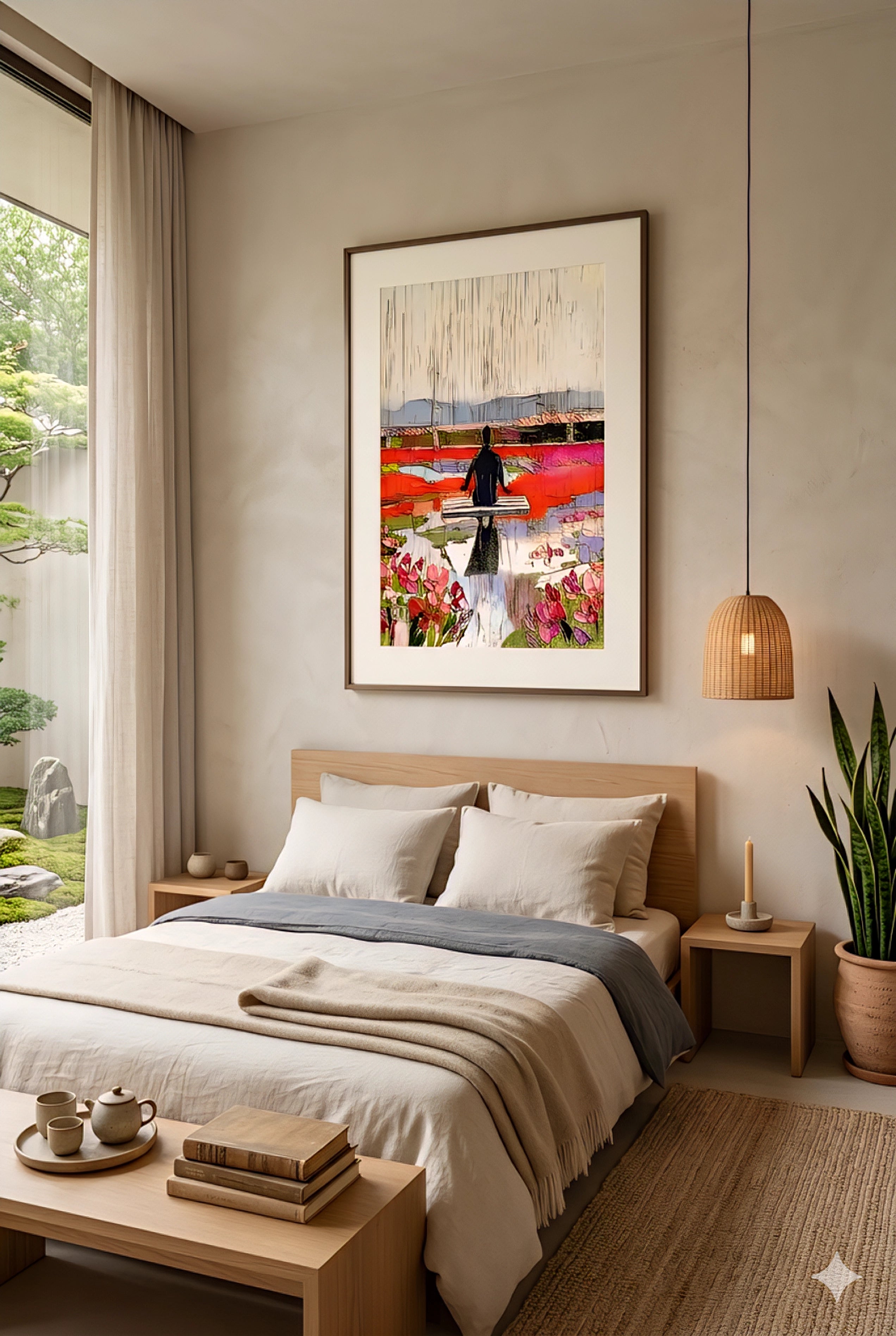 Colorful abstract tulip field wall art print above a bed in a calm minimalist bedroom, featuring a seated figure on a dock at sunset with soft neutral decor and natural wood accents