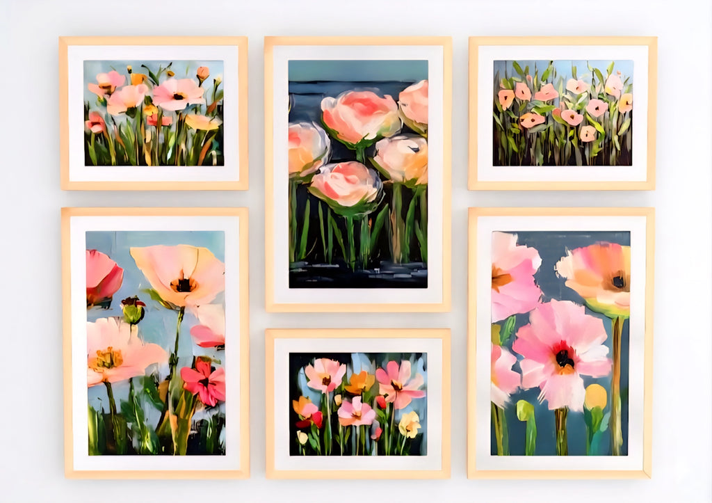 floral gallery wall art set of 6 printable flower prints in light wood frames featuring soft pink and peach blooms arranged in a clean symmetrical layout for modern feminine decor