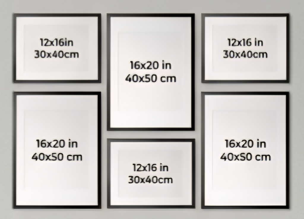 Set of six framed pictures with dimensions displayed on a gray background