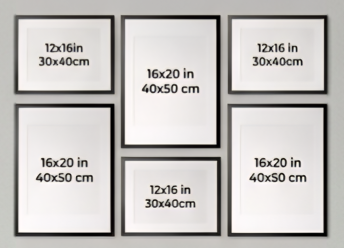 Set of six framed pictures with dimensions displayed on a gray background