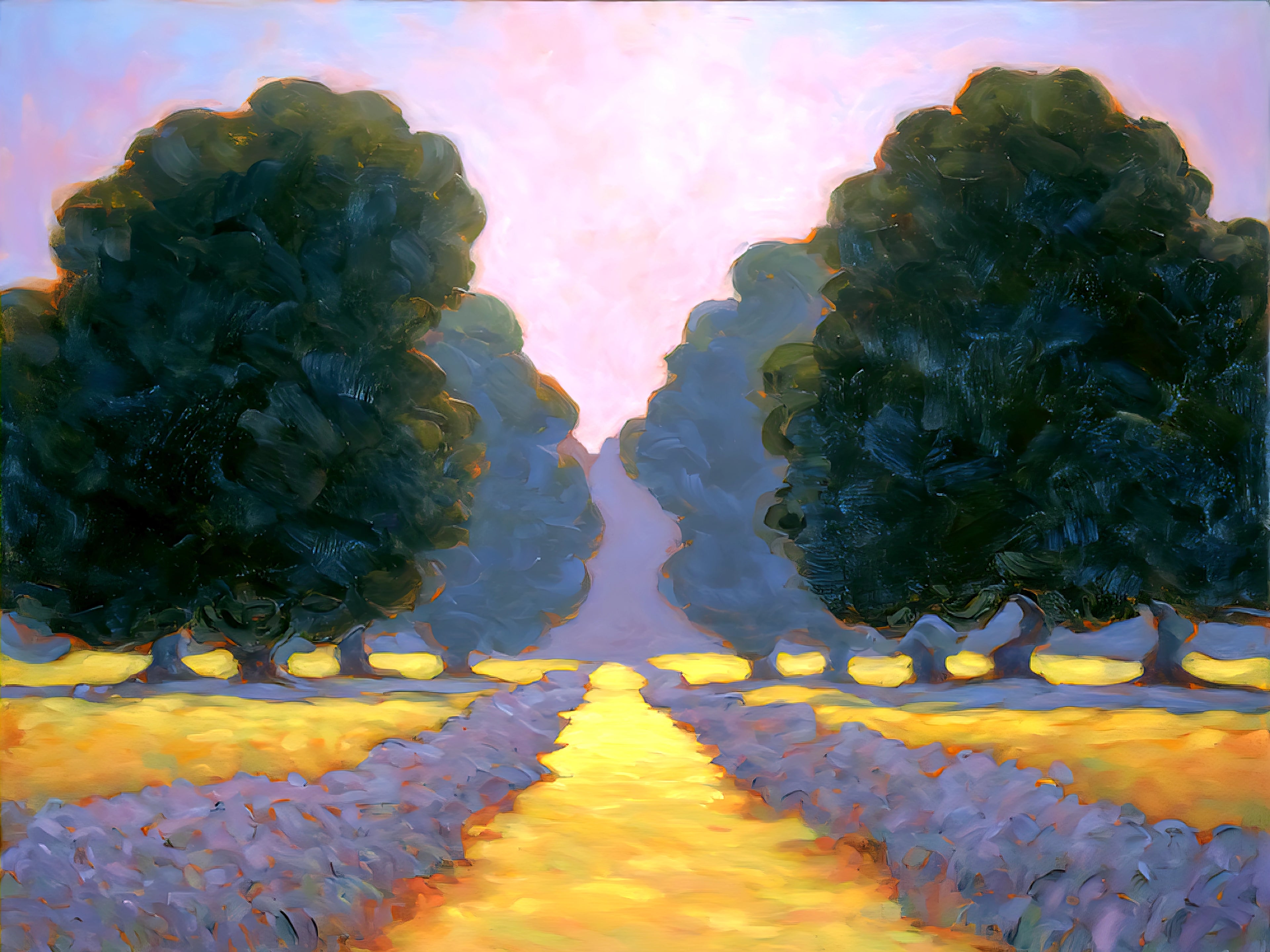 Horizontal lavender field wall art digital download featuring a sunlit golden pathway between rows of purple flowers and dark green trees under a soft pastel sky, impressionist landscape style, printable up to 55 inches for large wall decor
