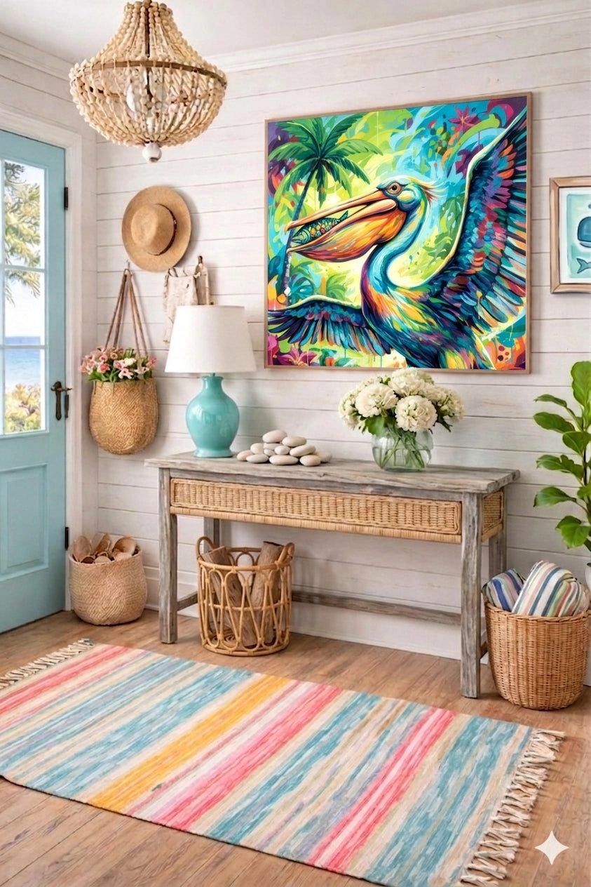 Colorful pelican wall art displayed in a coastal entryway with shiplap walls, wicker console table, and beach-inspired decor, featuring vibrant tropical bird artwork as a bold focal point above natural textures and seaside accents.