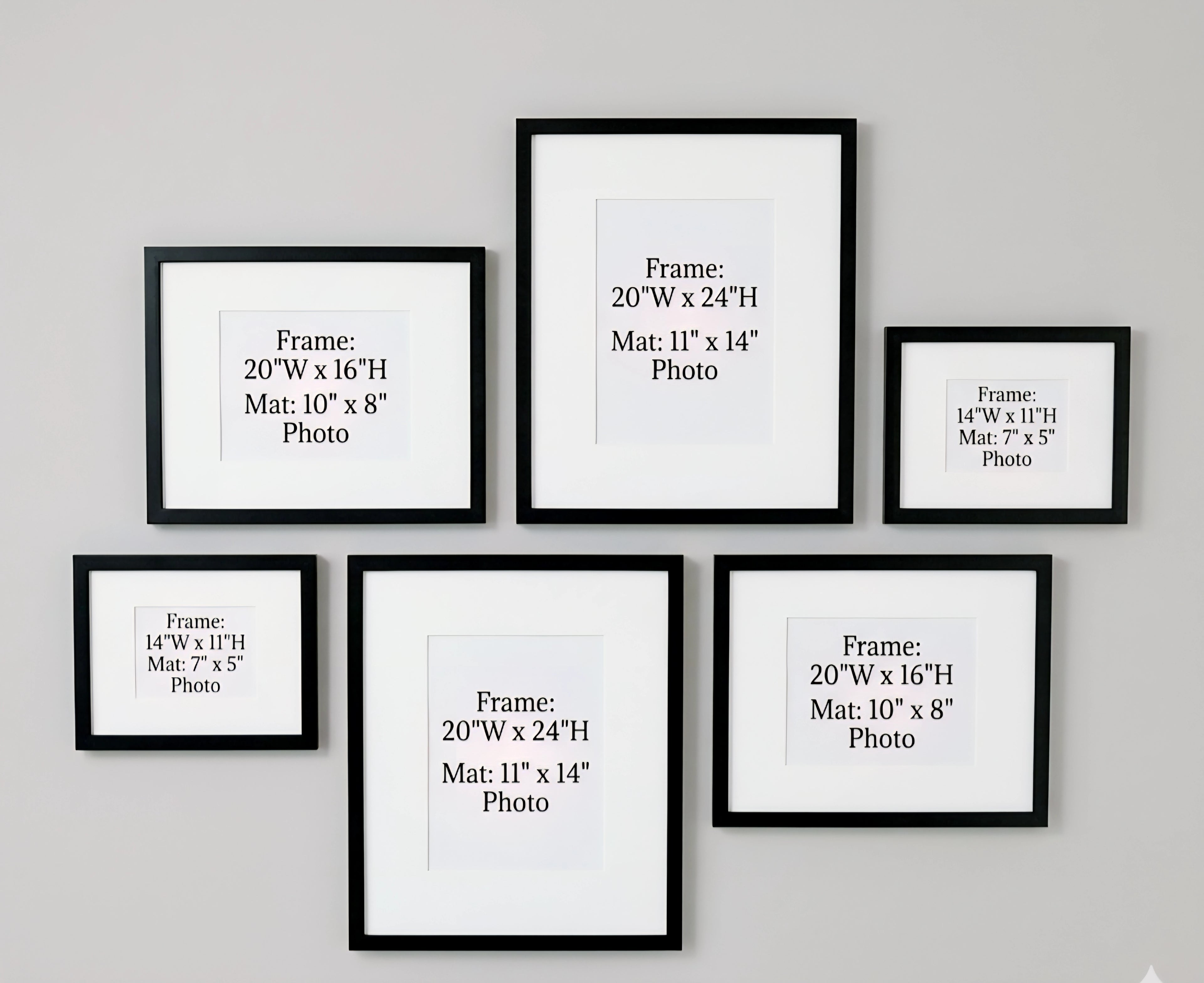 Set of black picture frames with dimensions labeled on a gray wall.