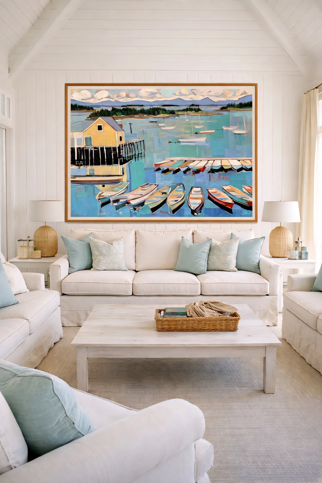 Coastal harbor printable wall art digital download in bright living room with white sofas and beach house decor