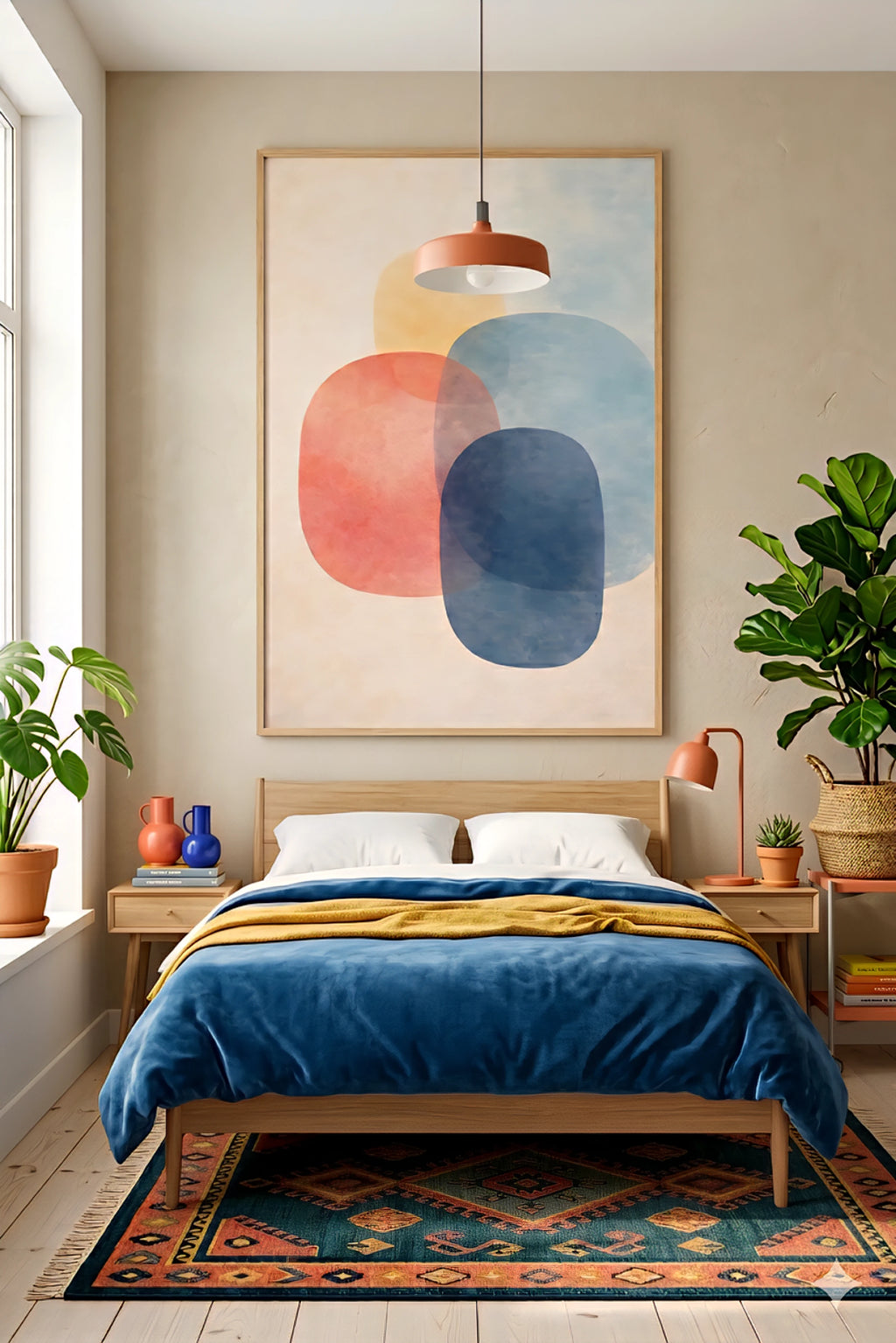 Modern boho bedroom with digital abstract art, plants, and a colorful rug.