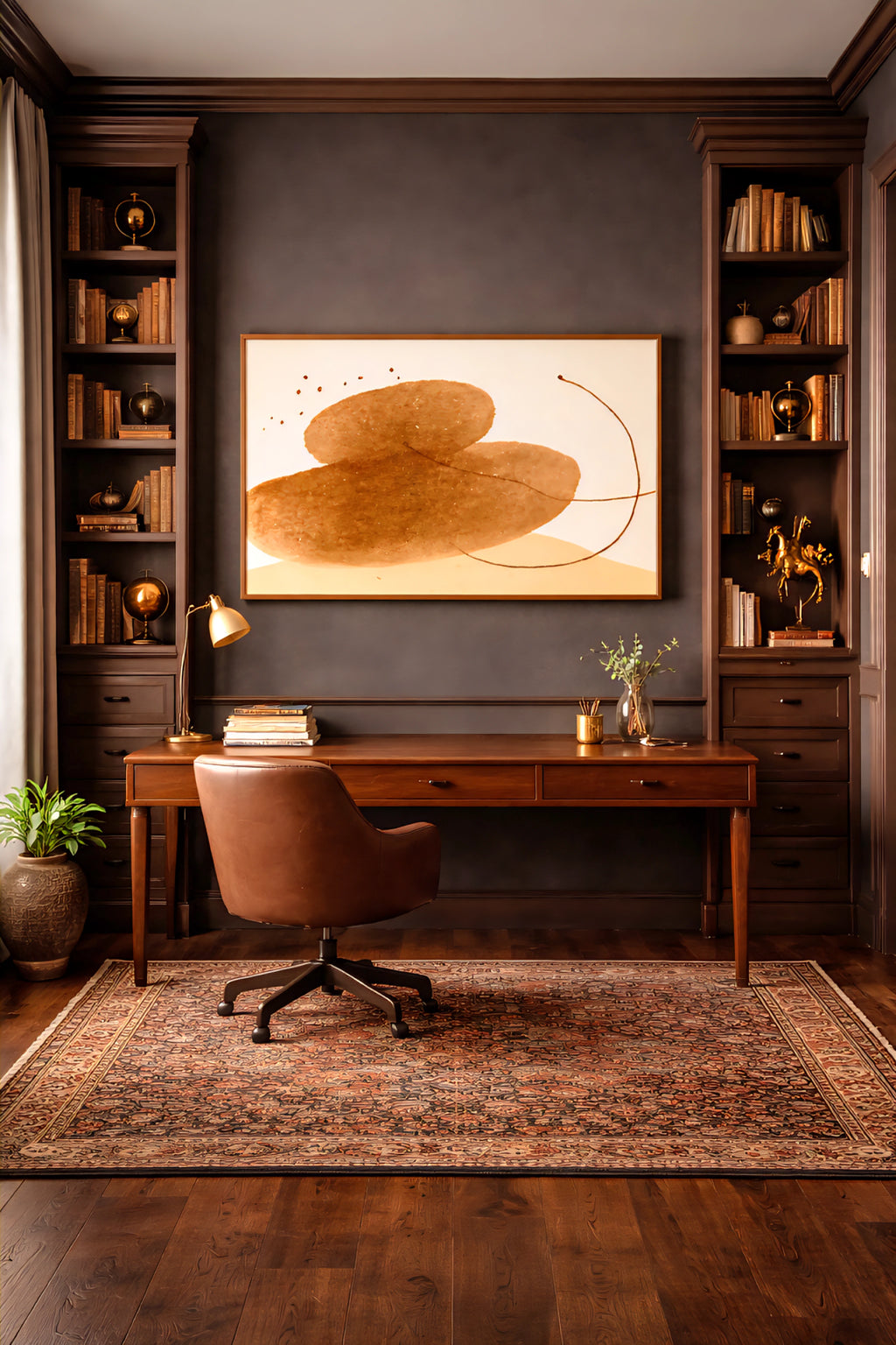 Neutral abstract wall art printable above desk in dark wood home office with built in shelves and warm classic decor