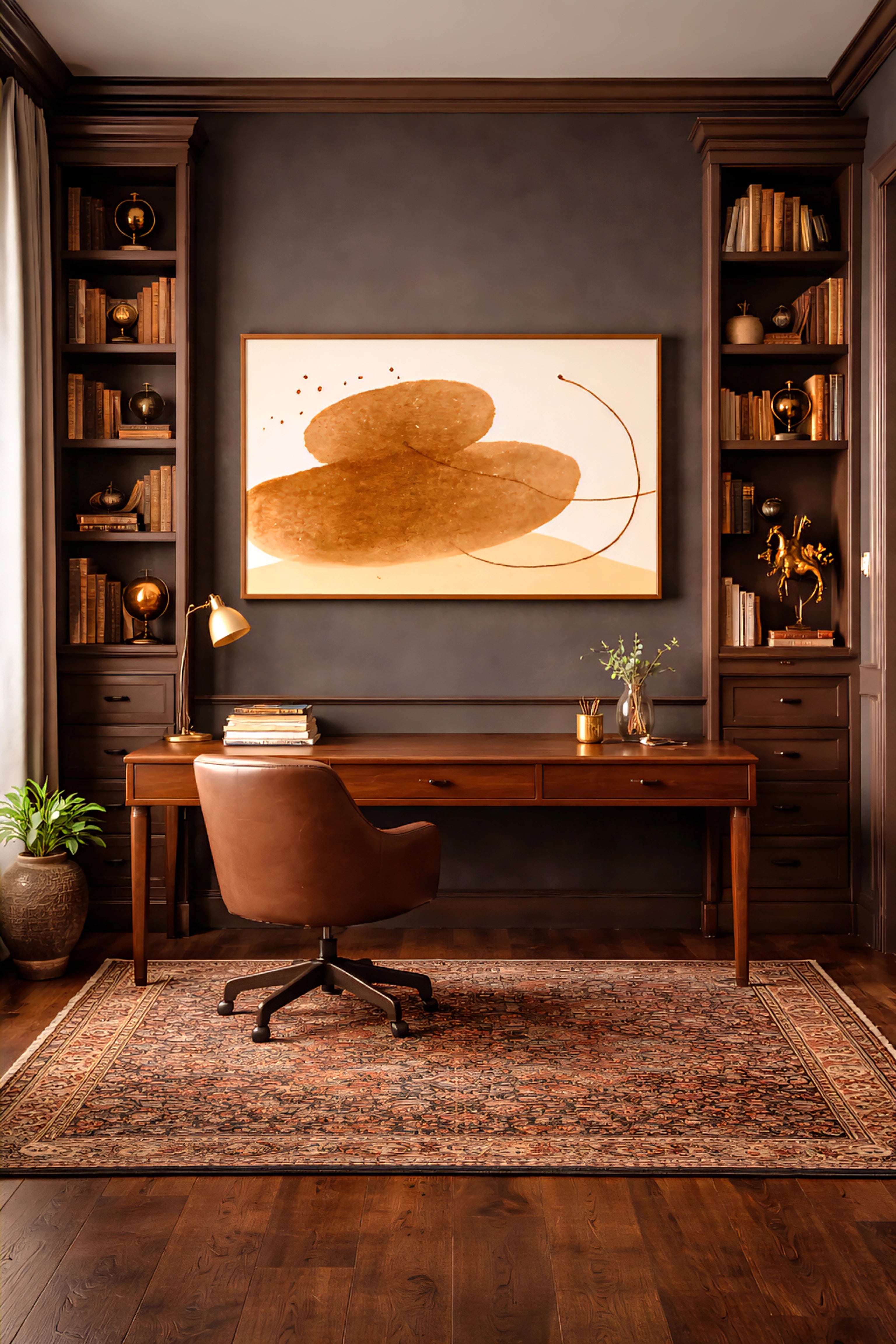 Neutral abstract wall art printable above desk in dark wood home office with built in shelves and warm classic decor