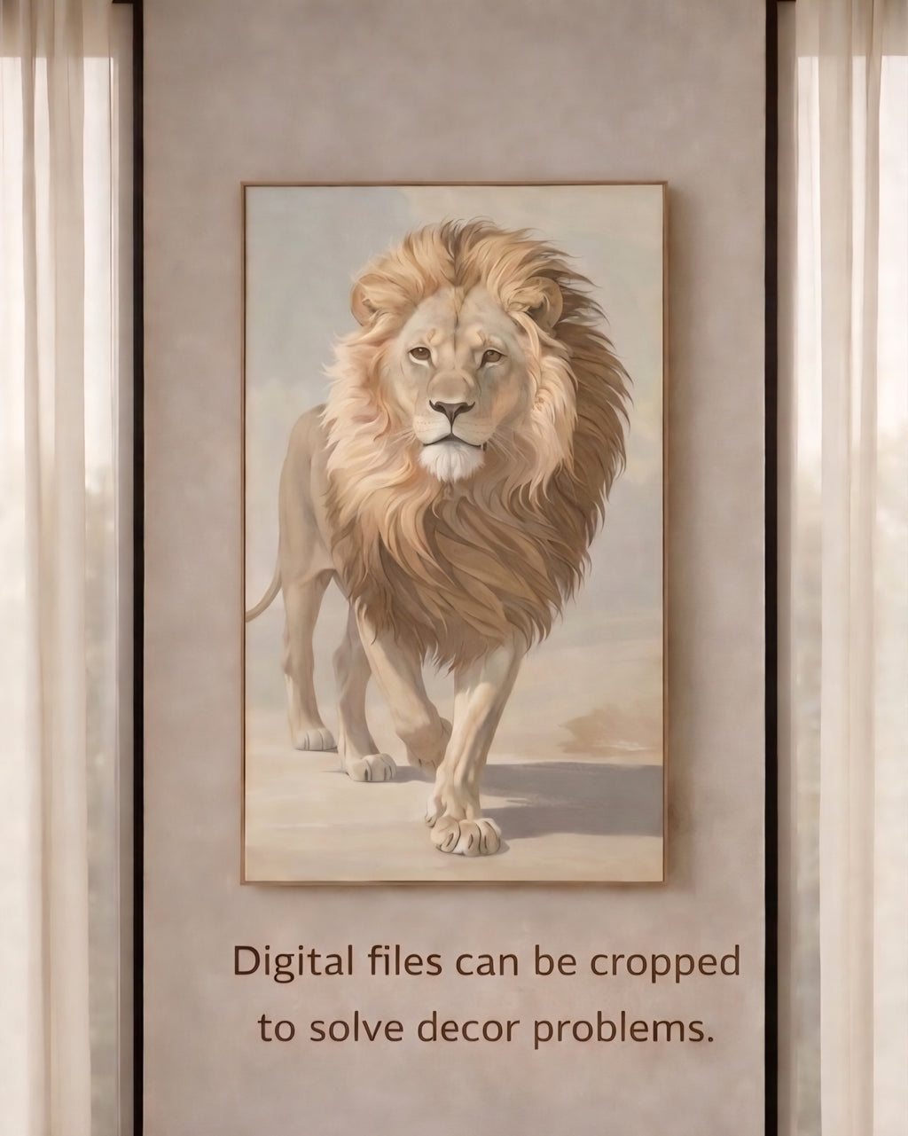 Lion wall art printable displayed in narrow space, neutral safari animal digital download wall decor printable up to 60 inches.