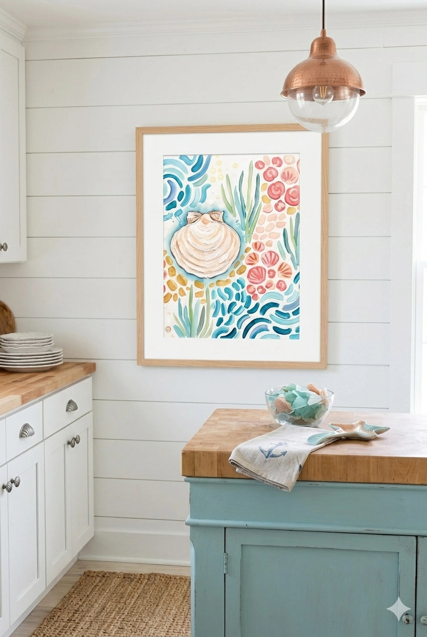 Coastal shell watercolor wall art in beach kitchen, framed ocean decorinspo styling