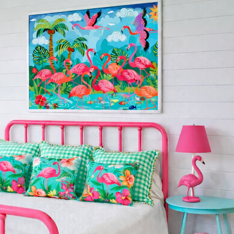 Colorful flamingo-themed room with pink bed, lamp, and wall art.