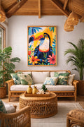 Tropical toucan printable wall art displayed in bright living room with rattan furniture and tropical decor.
