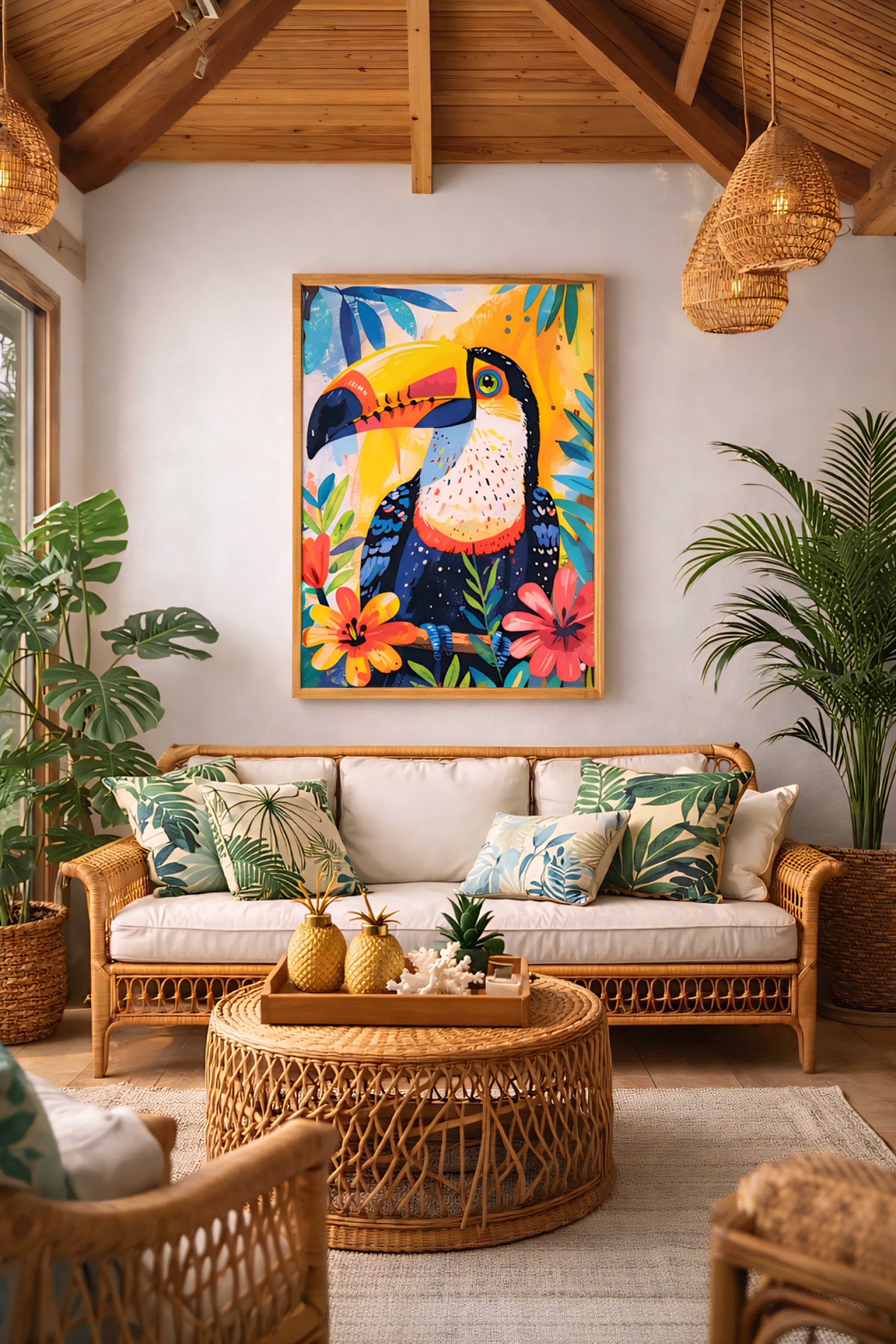 Tropical toucan printable wall art displayed in bright living room with rattan furniture and tropical decor.