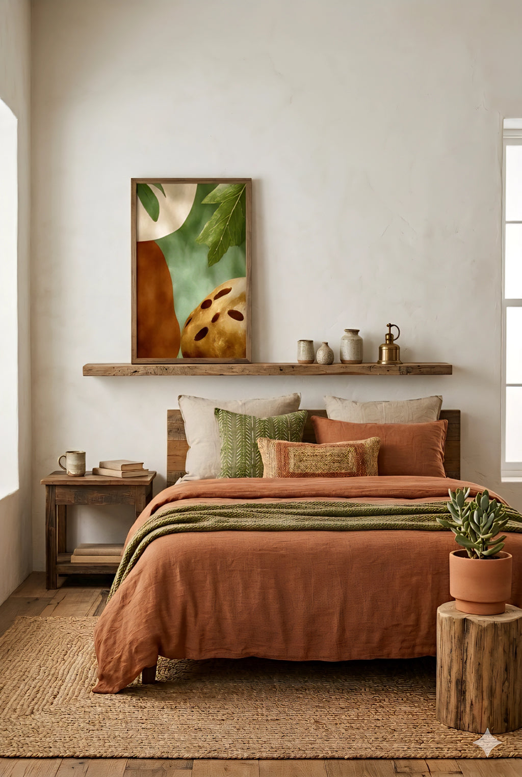 Earth tone abstract botanical wall art with green leaves and terracotta shapes styled above a bed in a rustic modern bedroom, vertical framed print with warm neutral bedding, wood textures and layered pillows creating a cozy organic contemporary space