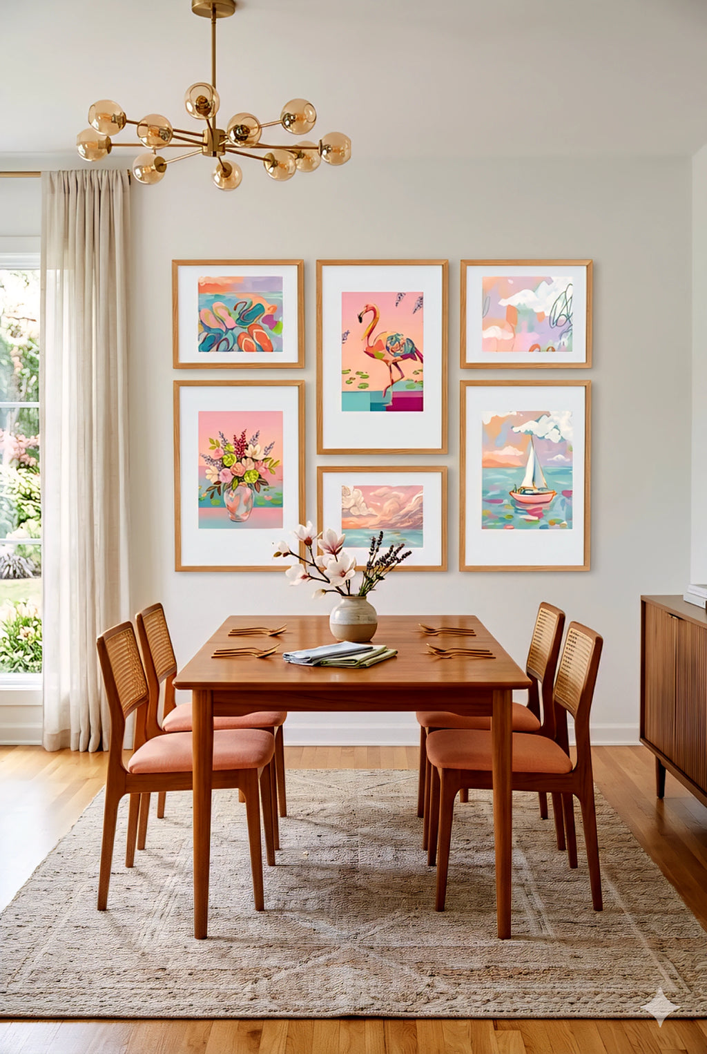 Digital download coastal gallery wall set in dining room, pastel beach prints with flamingo, sailboat and florals in warm modern space