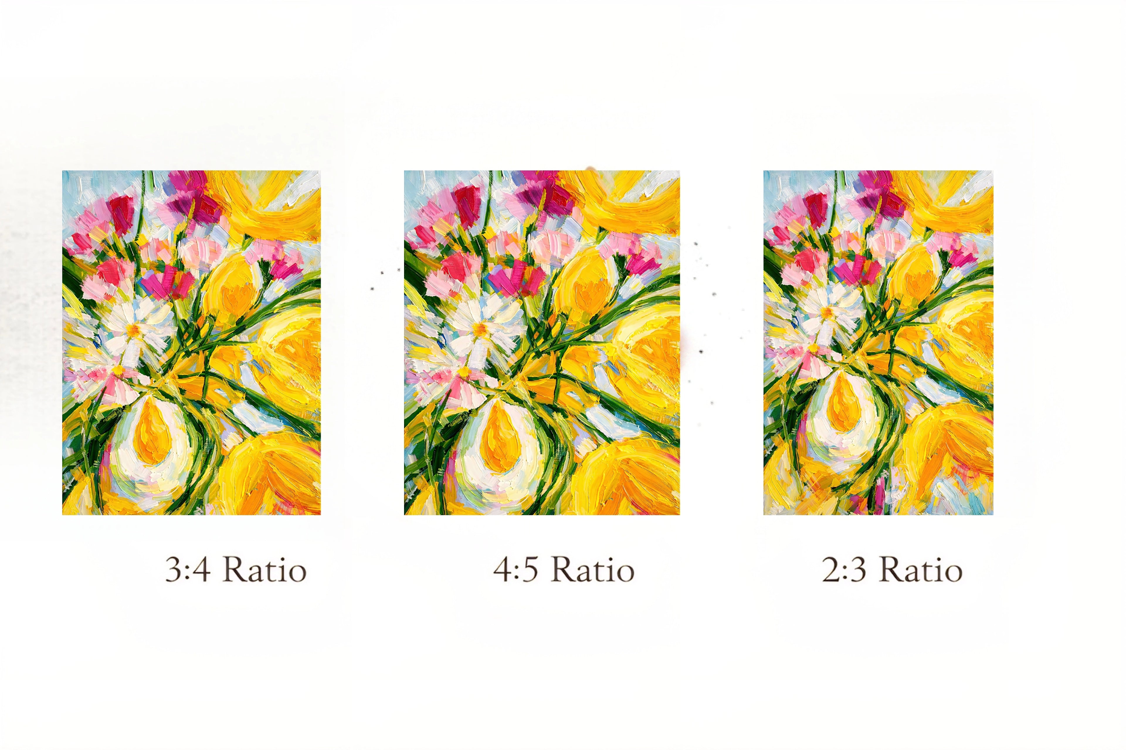 Three square images with different aspect ratios featuring floral designs.