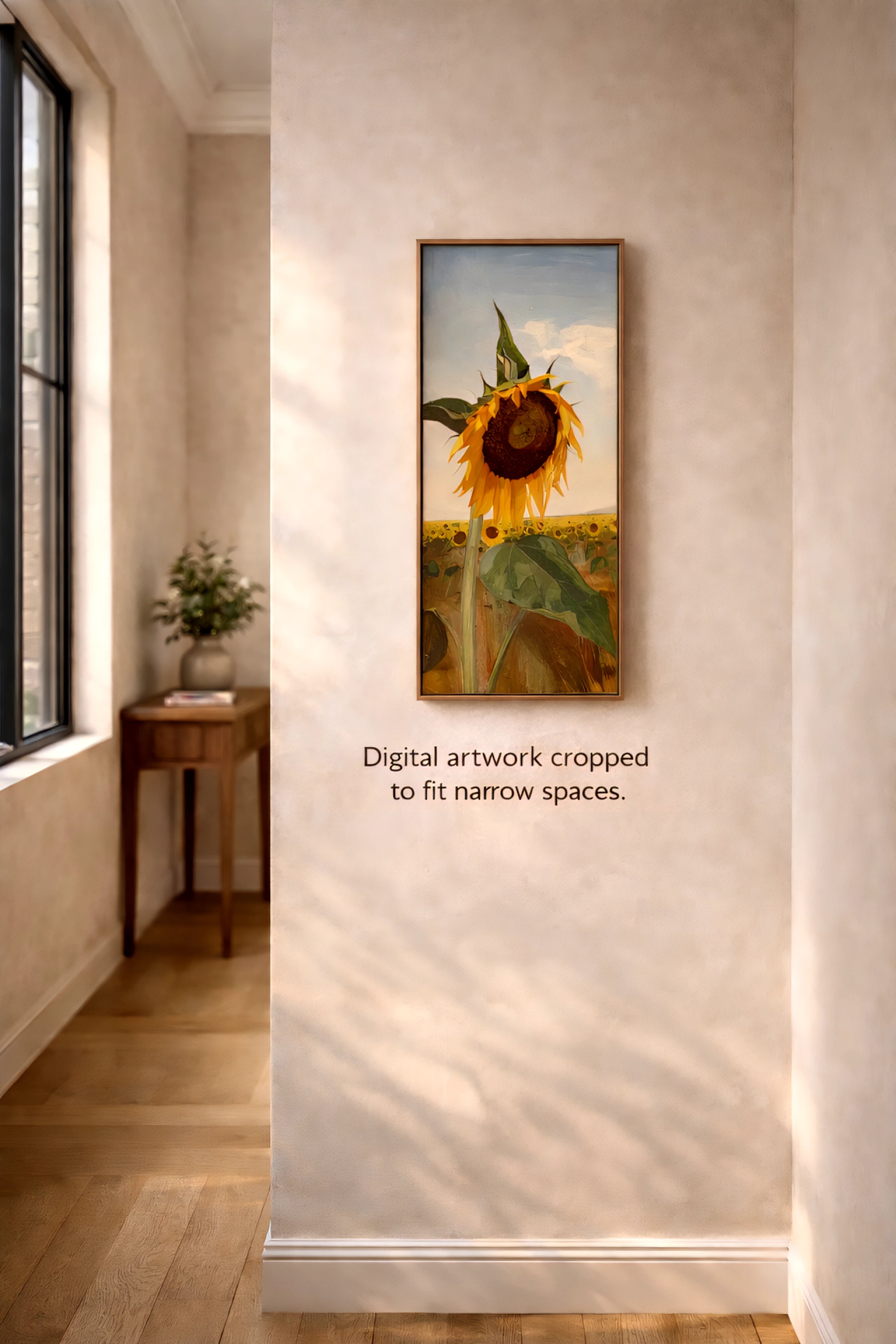Digital artwork of sunflower shown in narrow hallway space