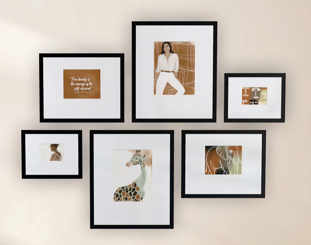 Earth tone safari gallery wall set of 6 digital downloads with giraffe, elephant, abstract faces, portrait and quote in modern asymmetrical layout
