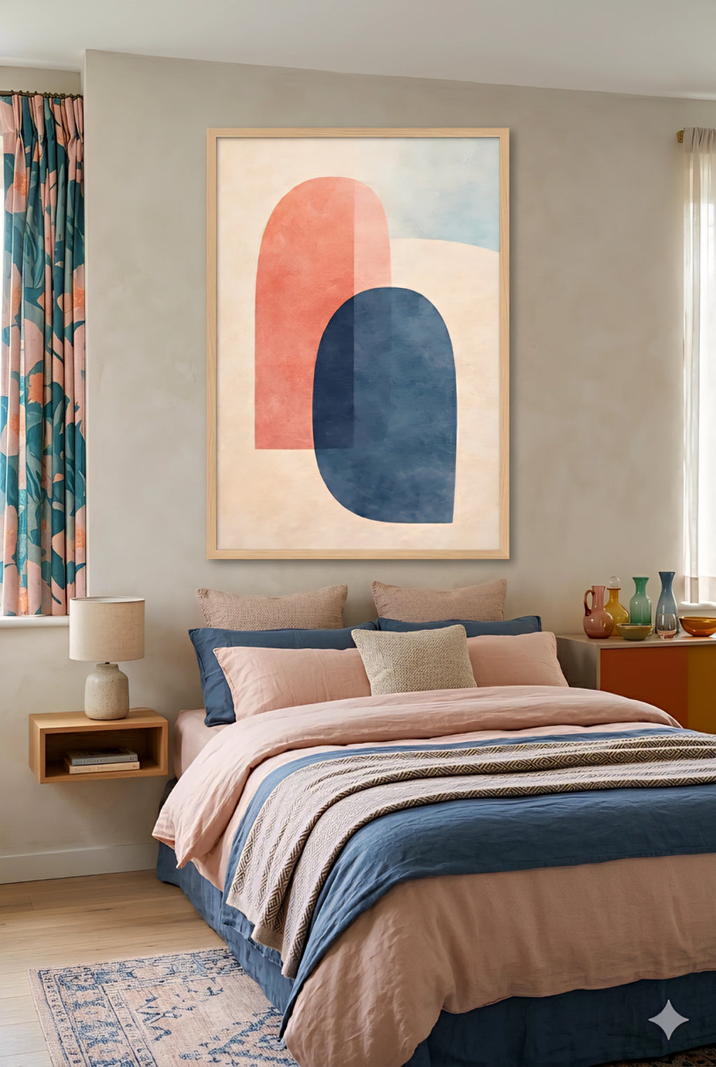 Boho Bedroom with midcentury arched abstract art on the wall, colorful bedding, and decorative items.