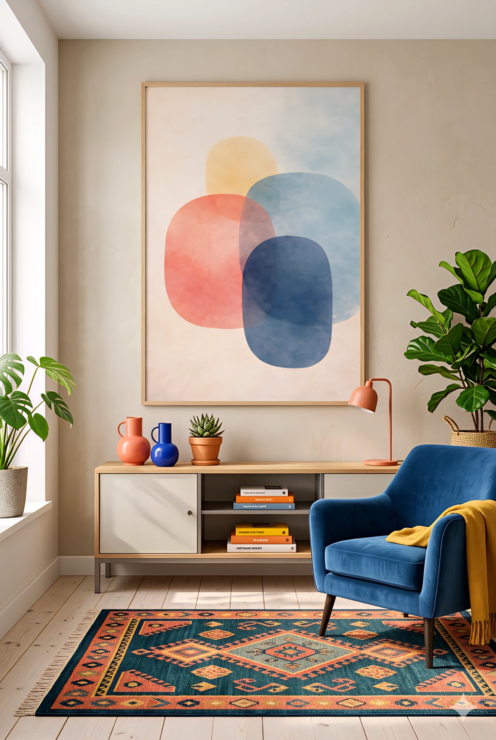 Modern living room with digital abstract art, blue armchair, and colorful rug.