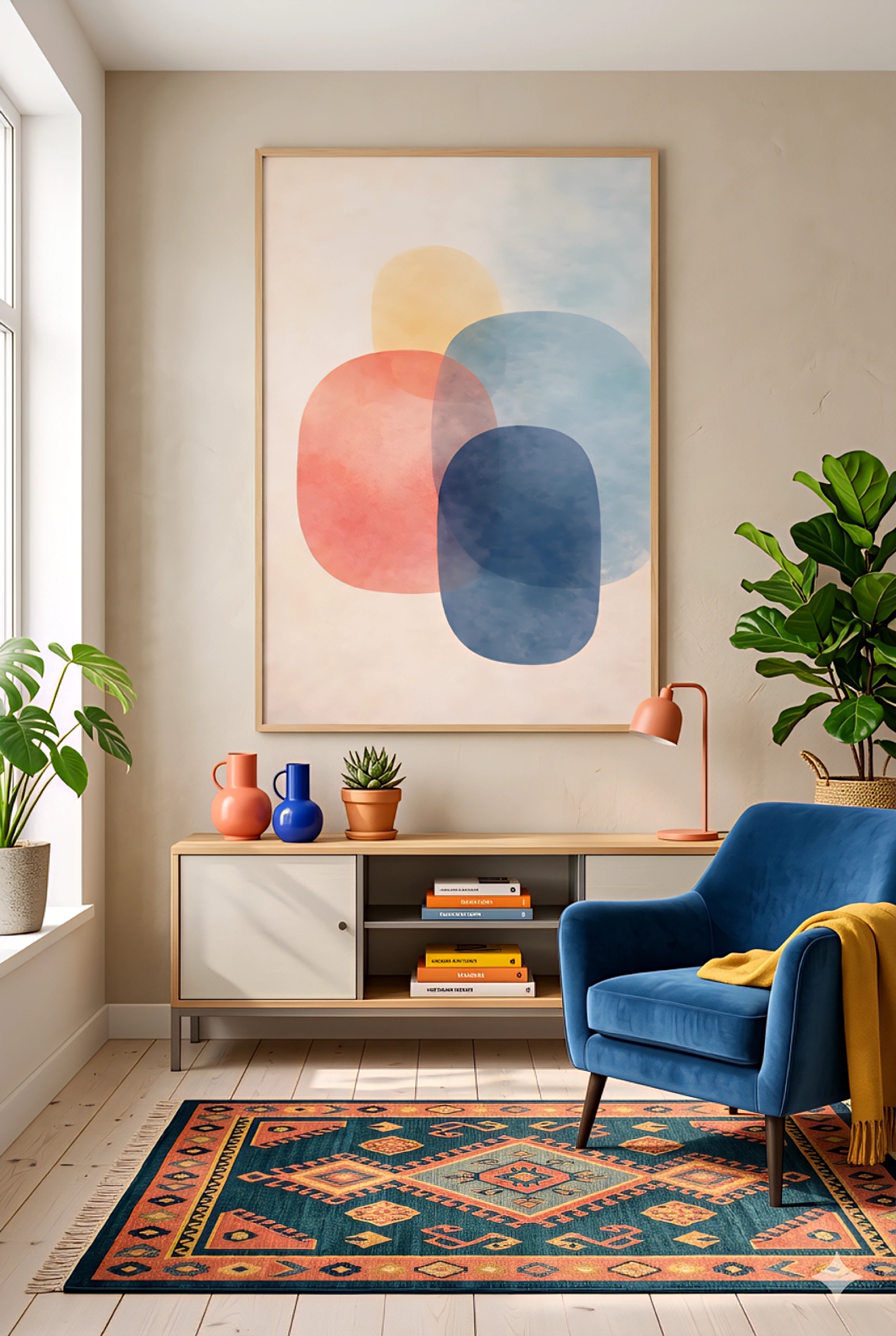 Modern living room with digital abstract art, blue armchair, and colorful rug.