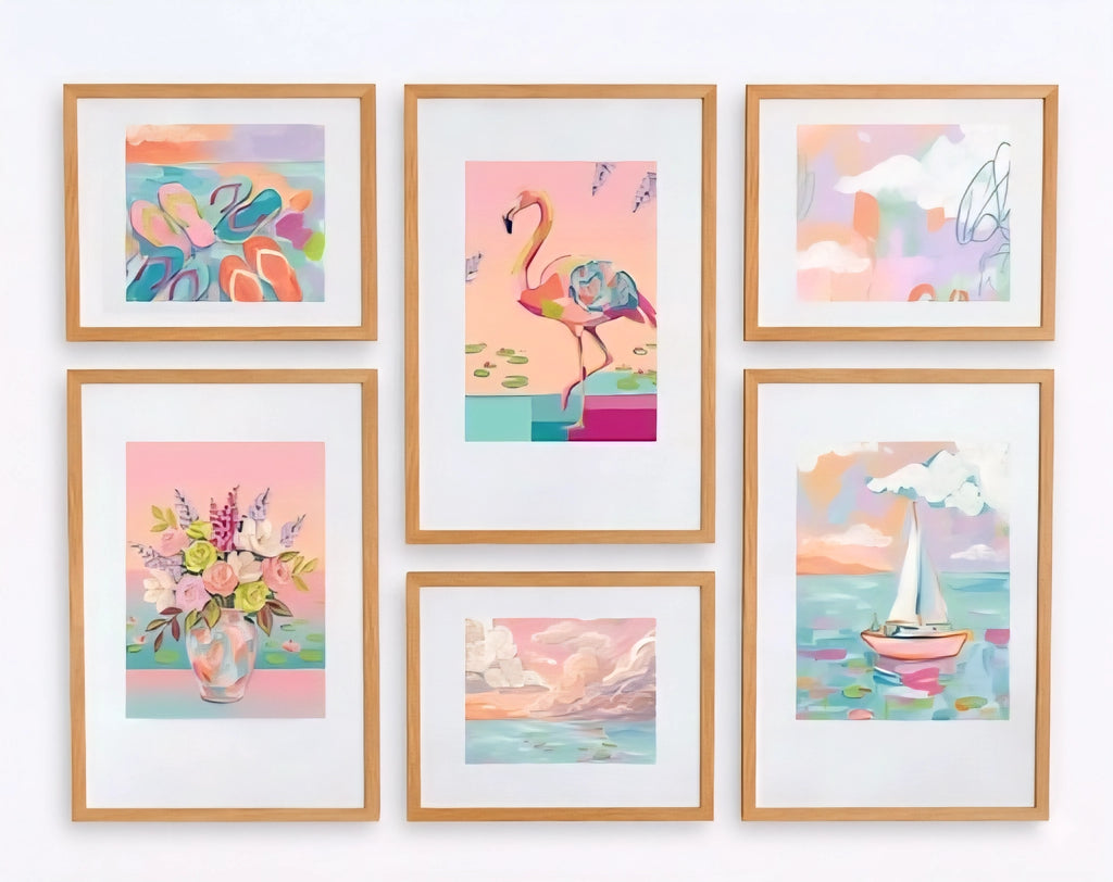 Digital download coastal gallery wall set with 6 framed pastel prints, flamingo, sailboat, florals and abstract beach art arrangement