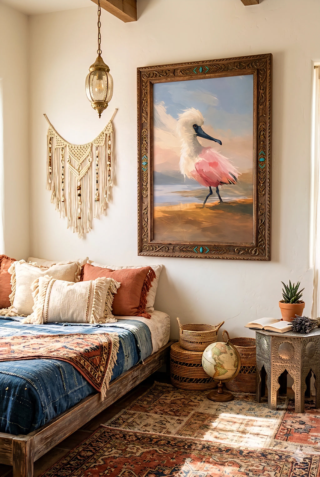 Boho bedroom decorinspo with bird wall art digital download, carved wood frame, textured textiles, warm earthy tones, layered rugs, cozy bohemian coastal interior styling