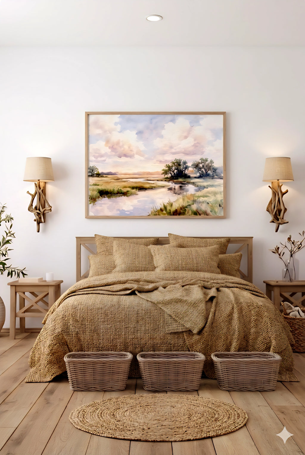 Coastal marsh watercolor wall art displayed above a bed in a neutral bedroom, calming landscape digital print mockup.