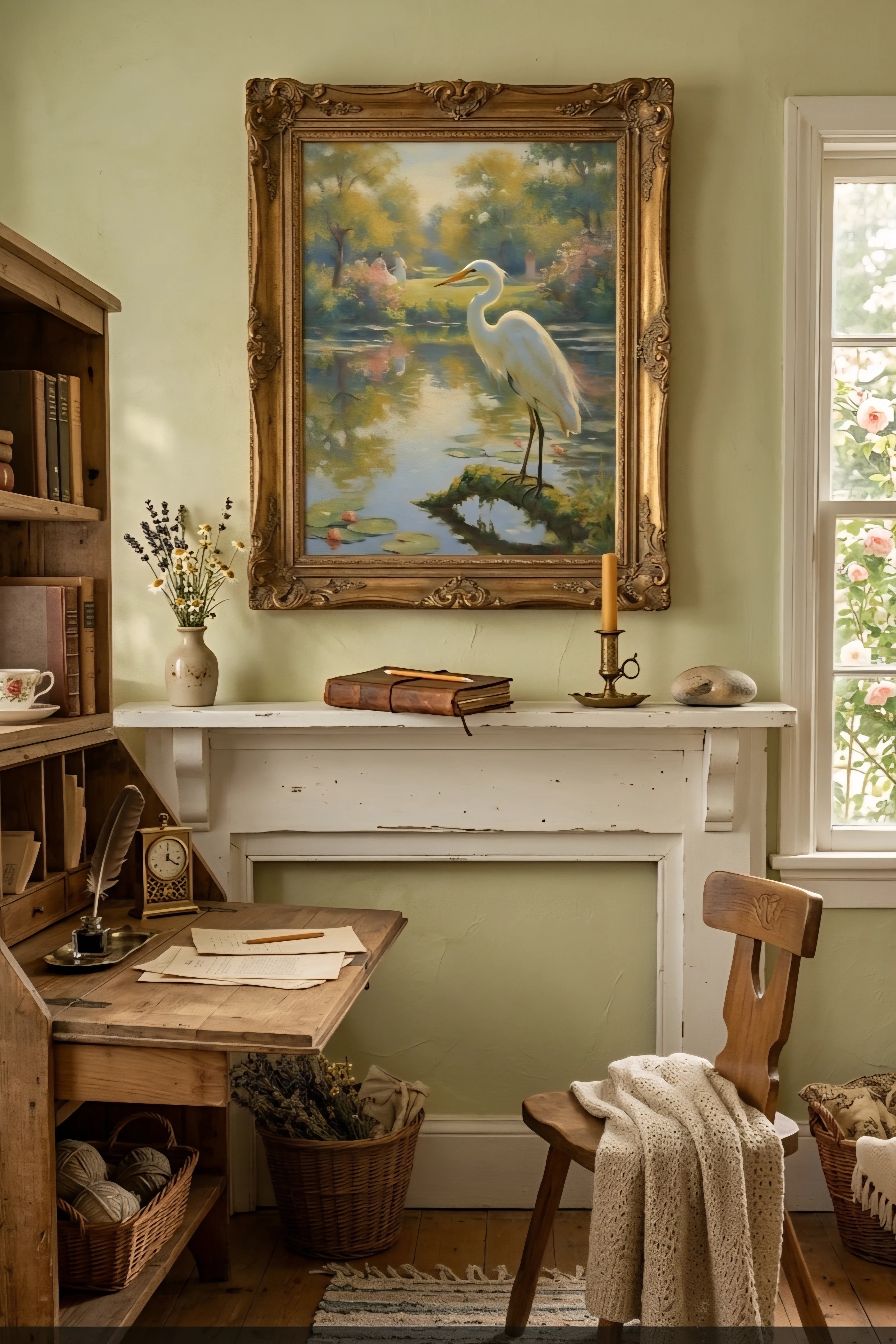 Vintage egret painting wall art made from digital file displayed above a mantel in a cottagecore style room with antique furniture and soft natural decor.