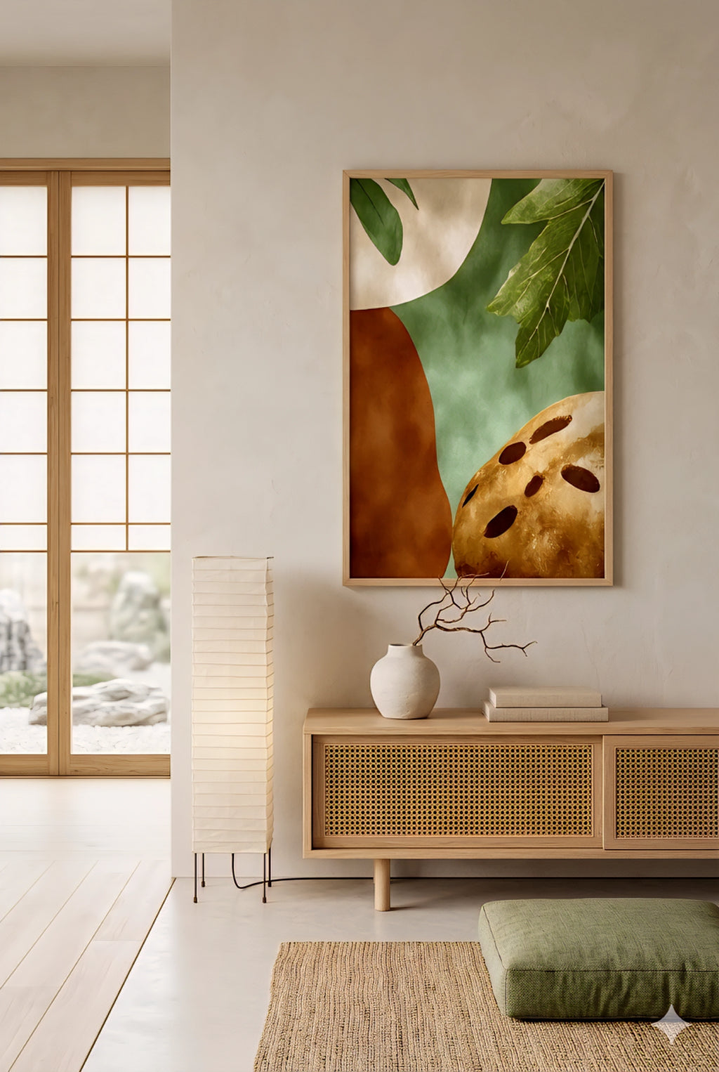Large earth tone abstract botanical wall art with green leaves and terracotta shapes displayed in a minimalist neutral living room, oversized vertical framed print above light wood console with simple decor, clean lines and soft textures for modern organic decorinspo