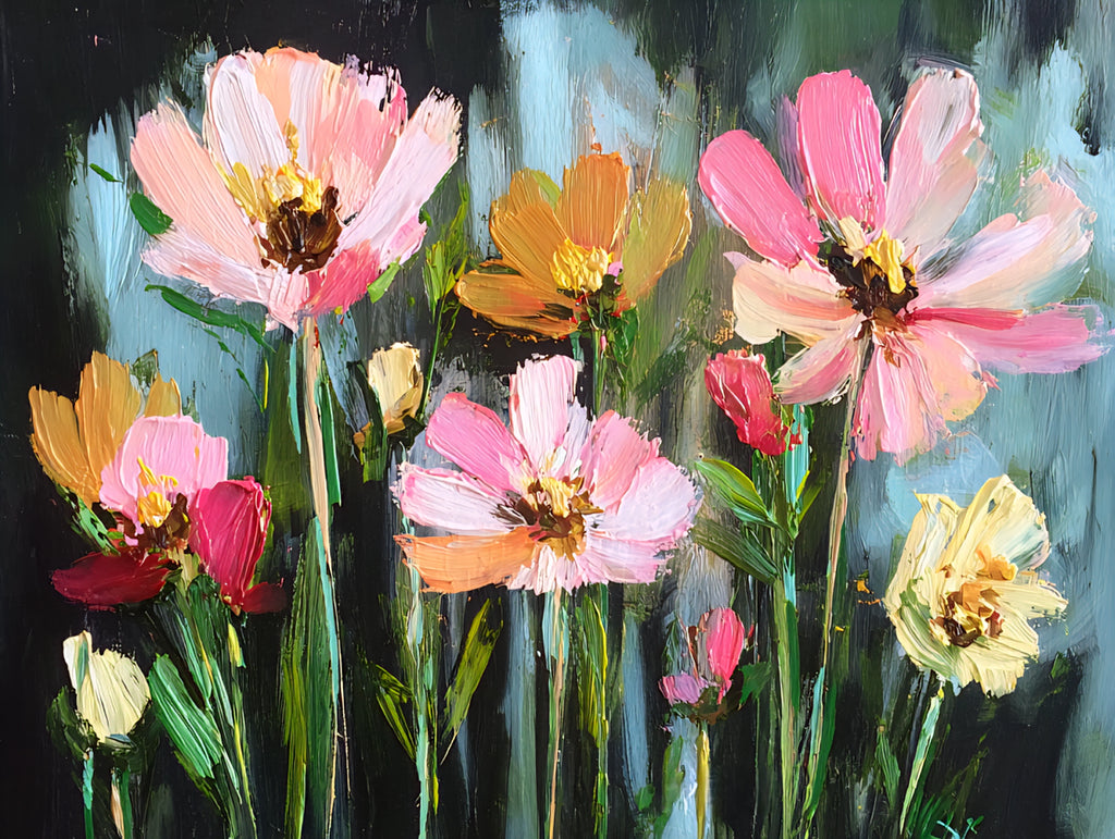 Painting of colorful flowers with a dark background download 