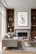 Neutral heron digital wall art in modern neutral living room