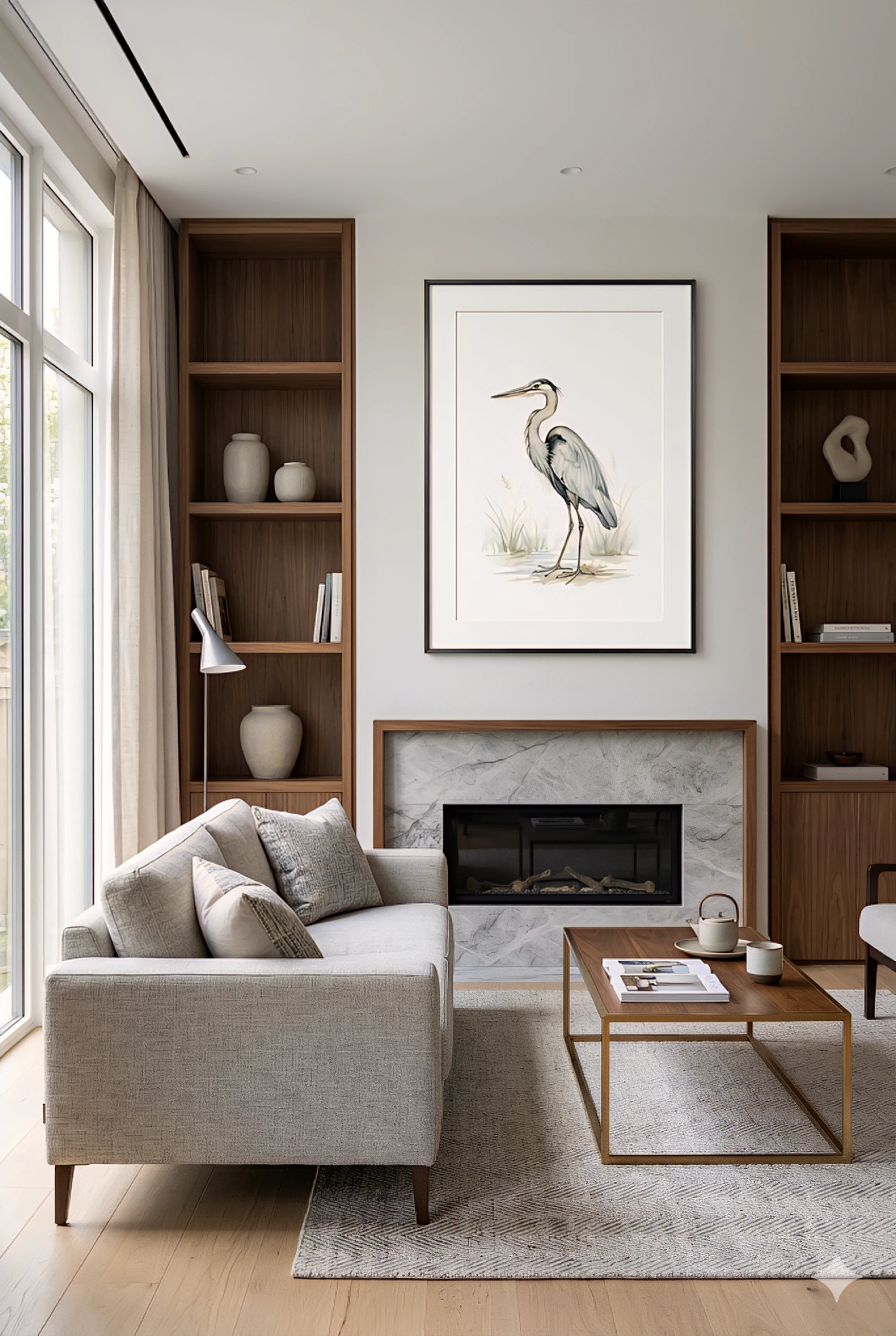Neutral heron digital wall art in modern neutral living room