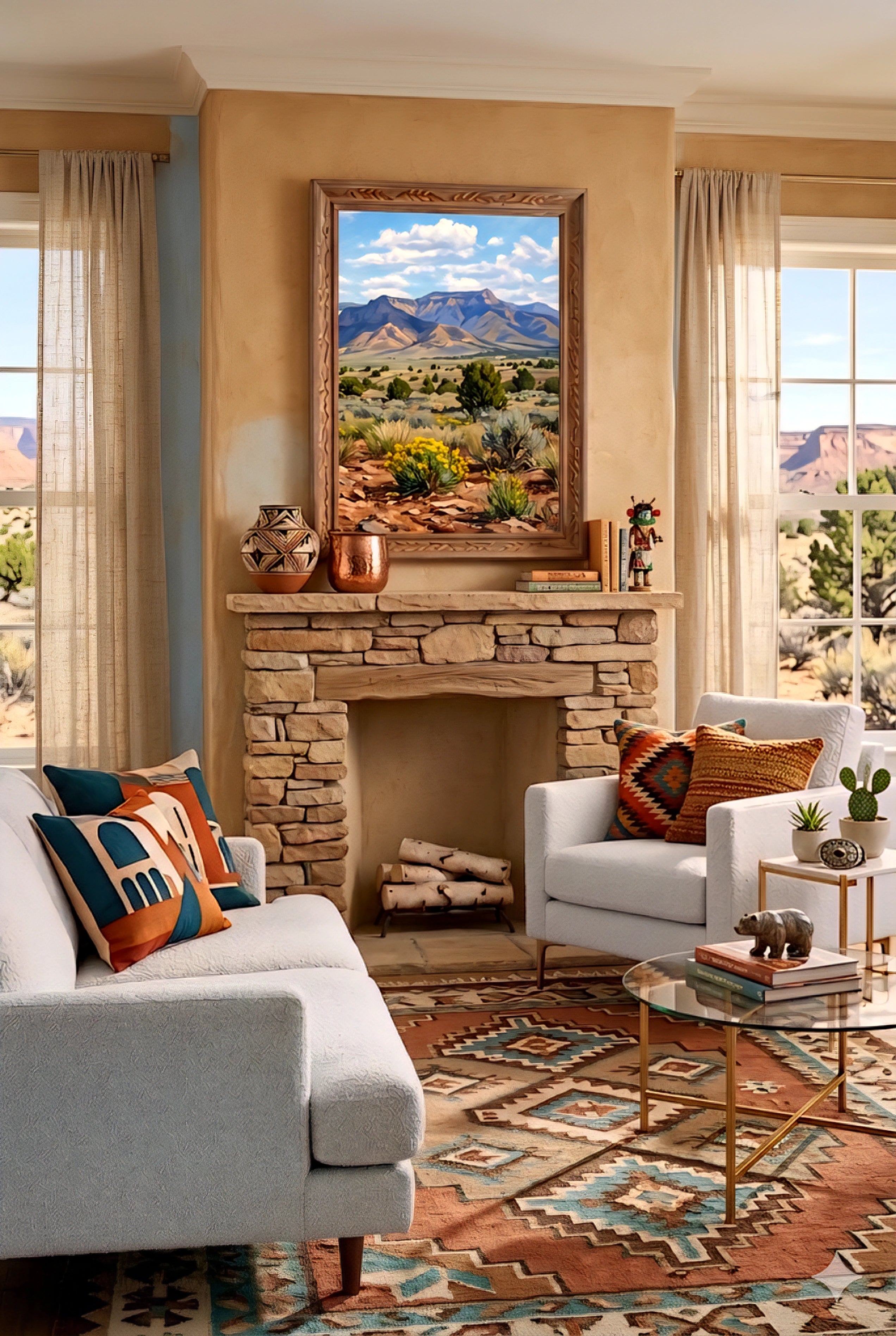Desert mountain landscape wall art above stone fireplace, southwest living room decor with warm earthy tones and rustic accents