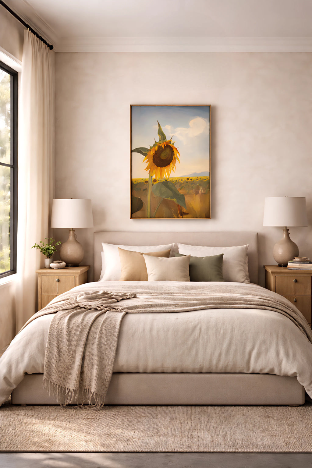 Sunflower Digital Art on bedroom wall above bed