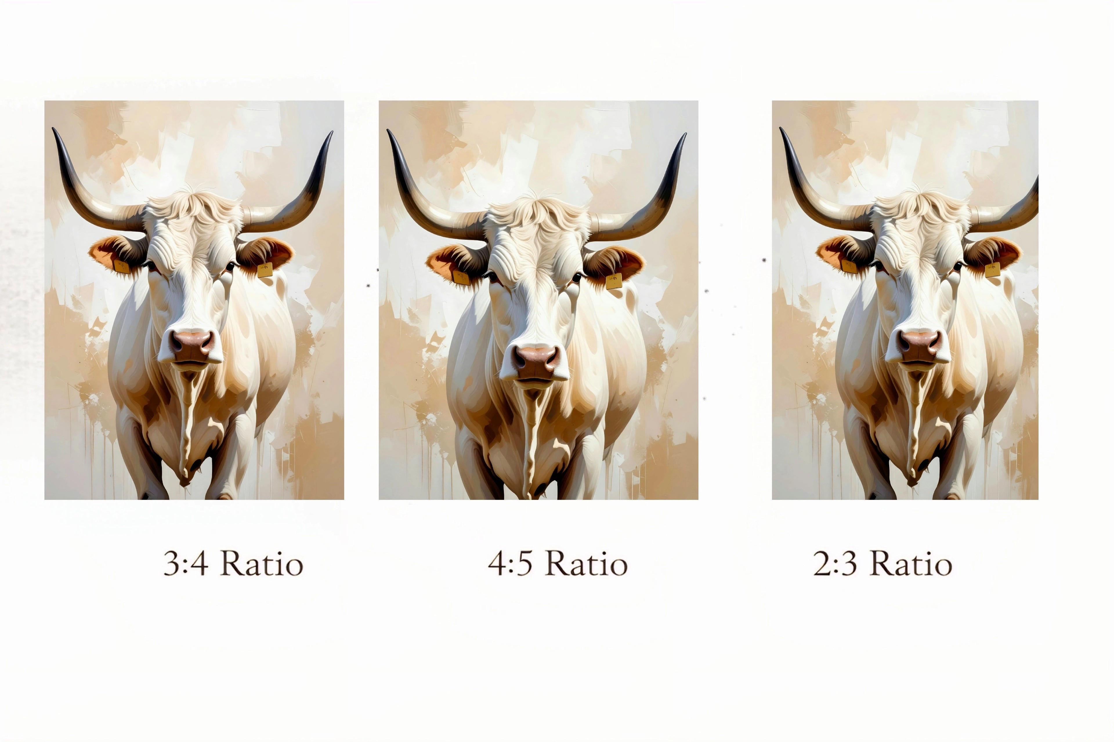 Three images of a bull with different aspect ratios labeled 3:4, 4:5, and 2:3.