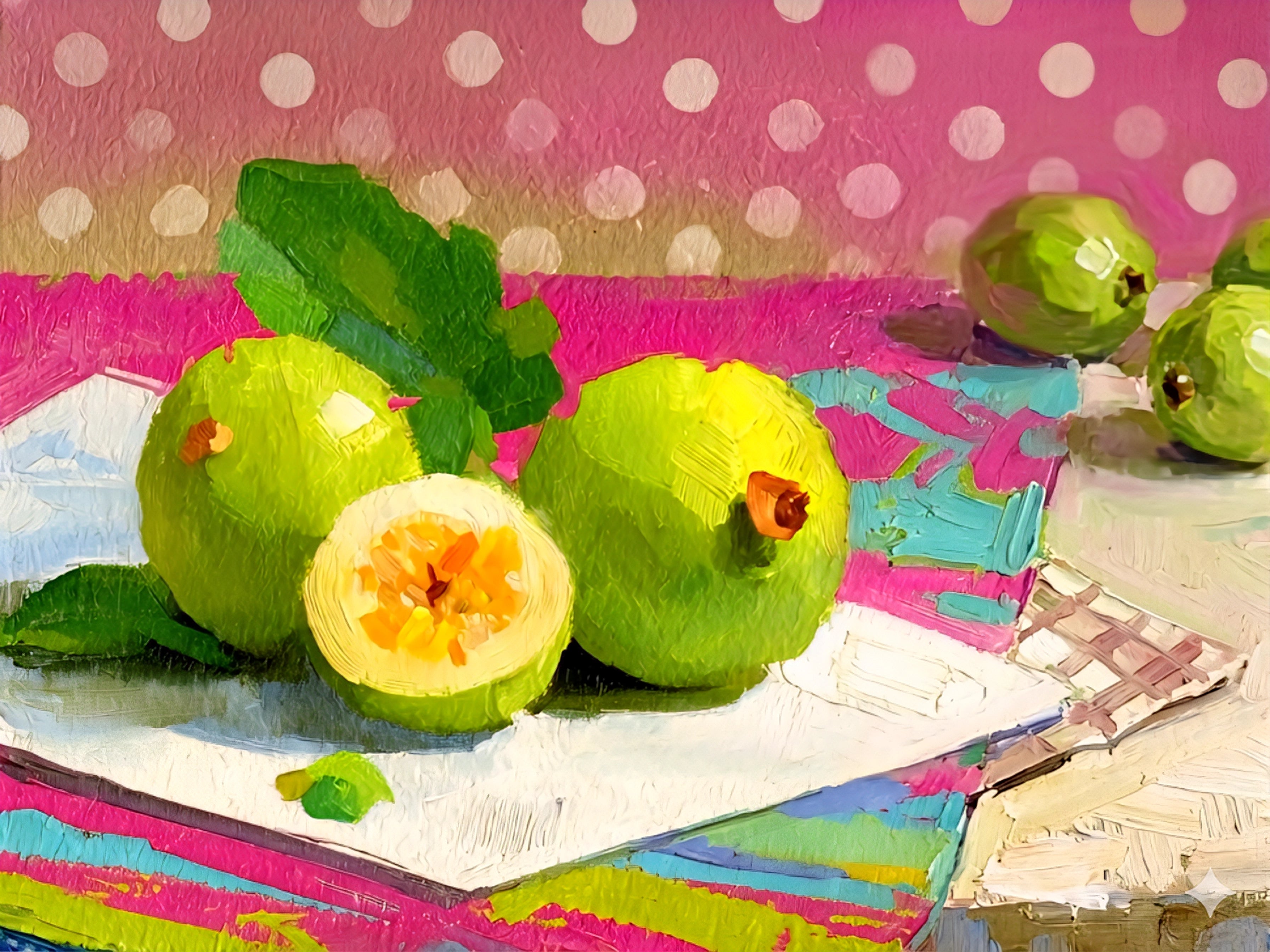 Horizontal life painting of green fruits on a colorful surface with polka dot background