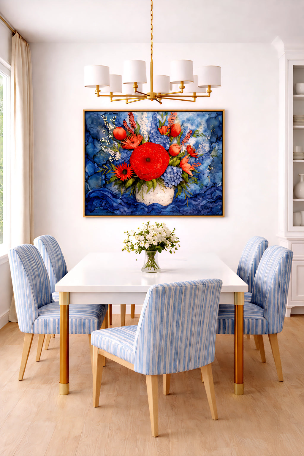 Colorful floral wall art digital download, bold red flower bouquet painting in bright modern dining room, horizontal printable artwork in 3 orientations