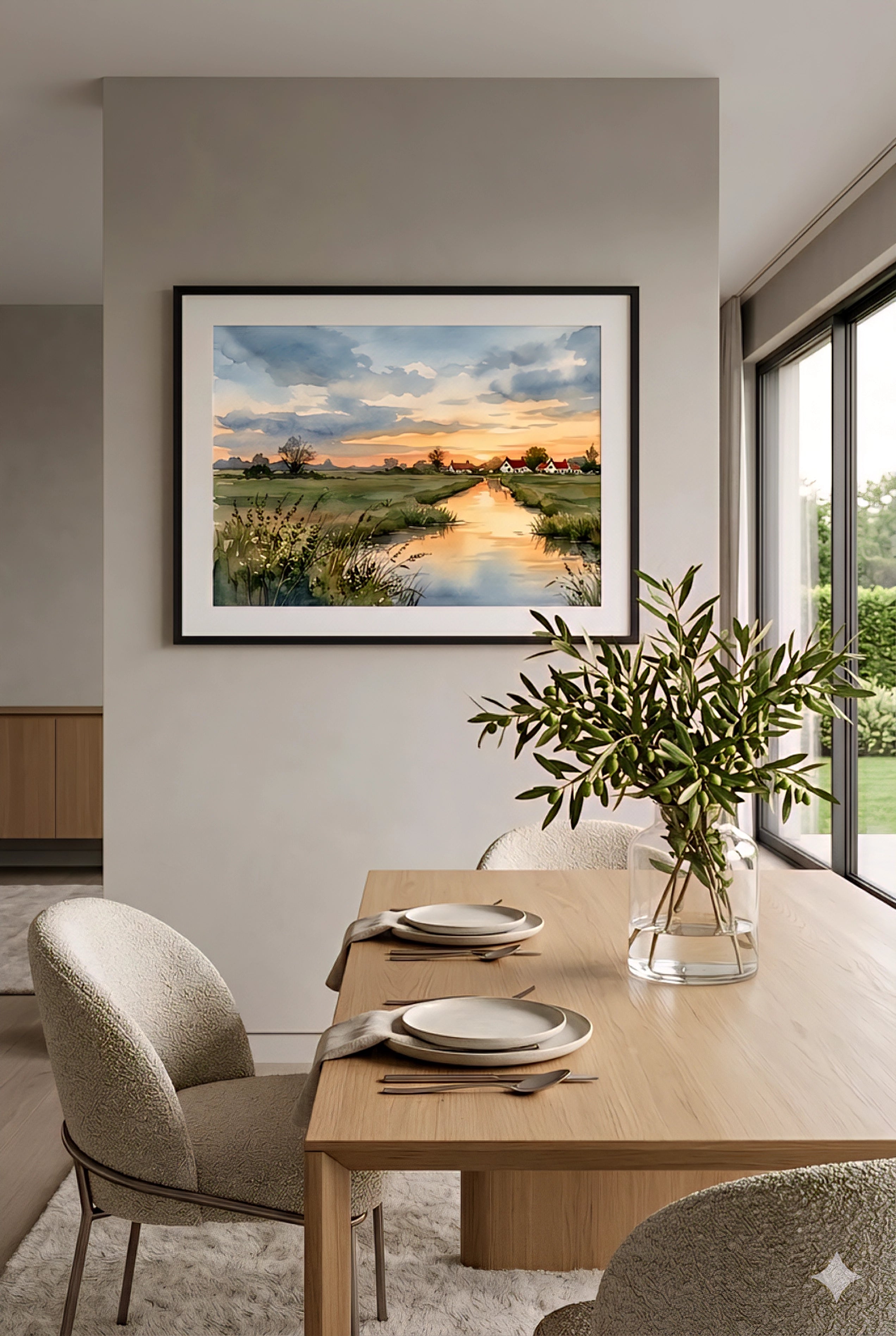 Neutral dining room with framed Savvy Places coastal sunset village printable wall art above wood table with olive branch centerpiece and natural light