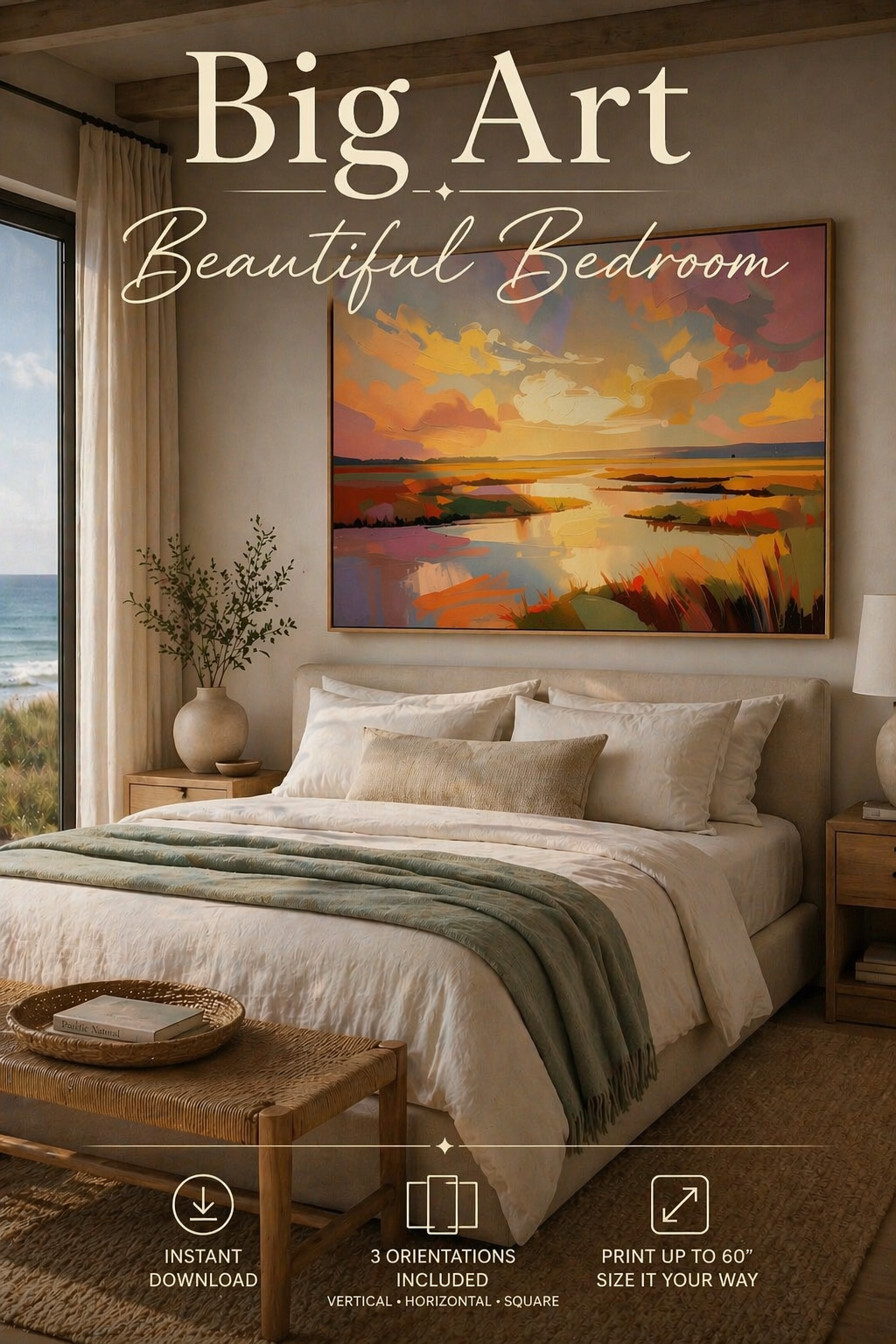 Savvy Places oversized low country marsh wall art above bed in coastal bedroom with warm sunset tones, neutral decor, and big art statement styling