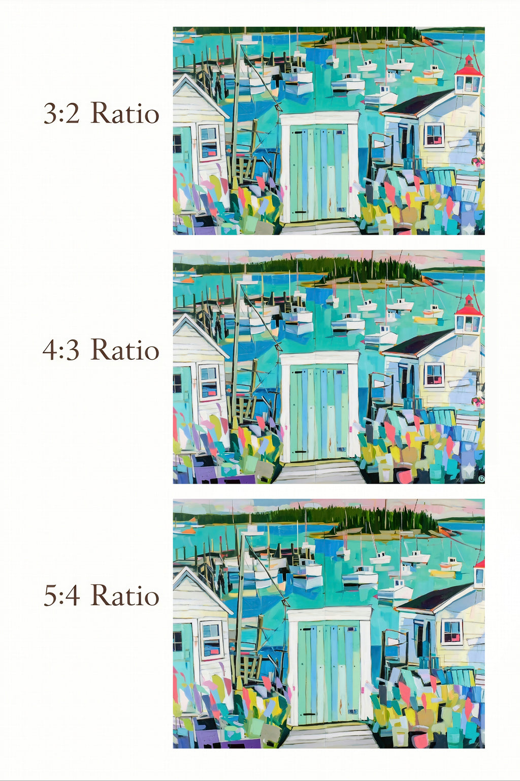 Three different aspect ratio comparisons of a coastal scene painting.