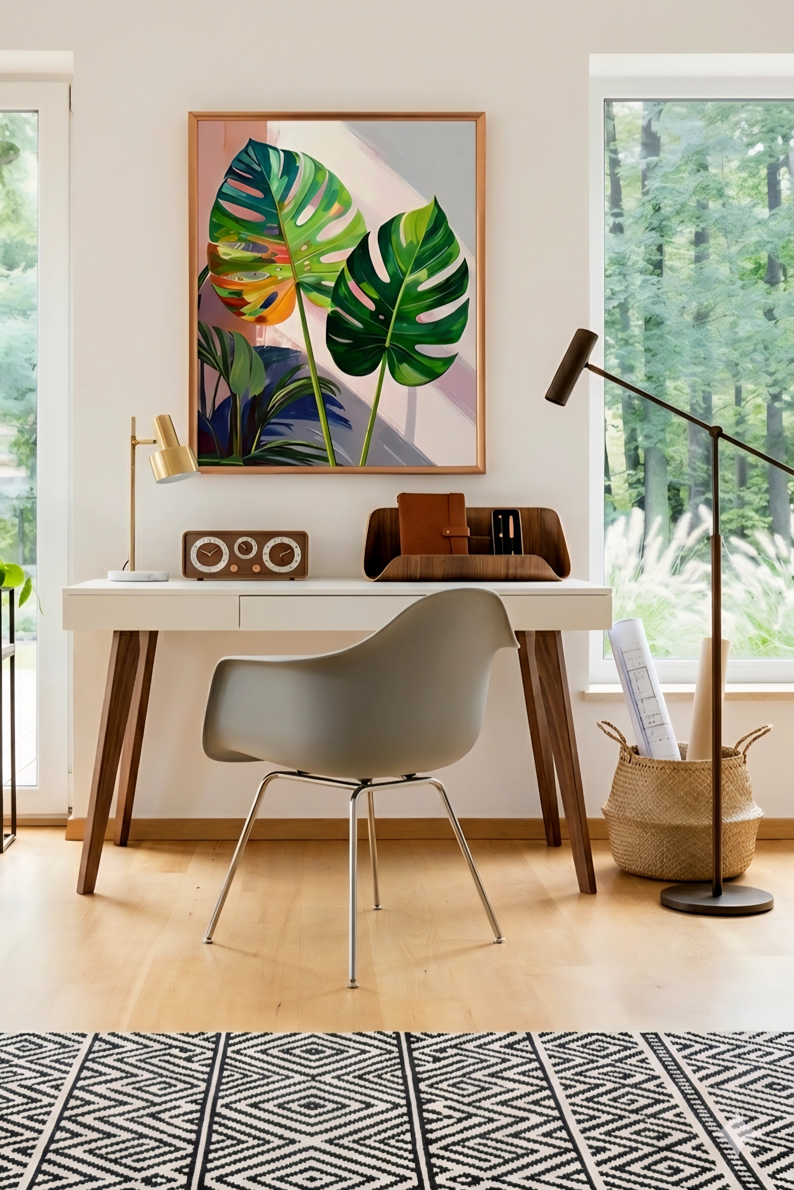 Bold contemporary botanical wall art displayed in a modern home office above a minimalist desk with natural wood accents and greenery outside the window