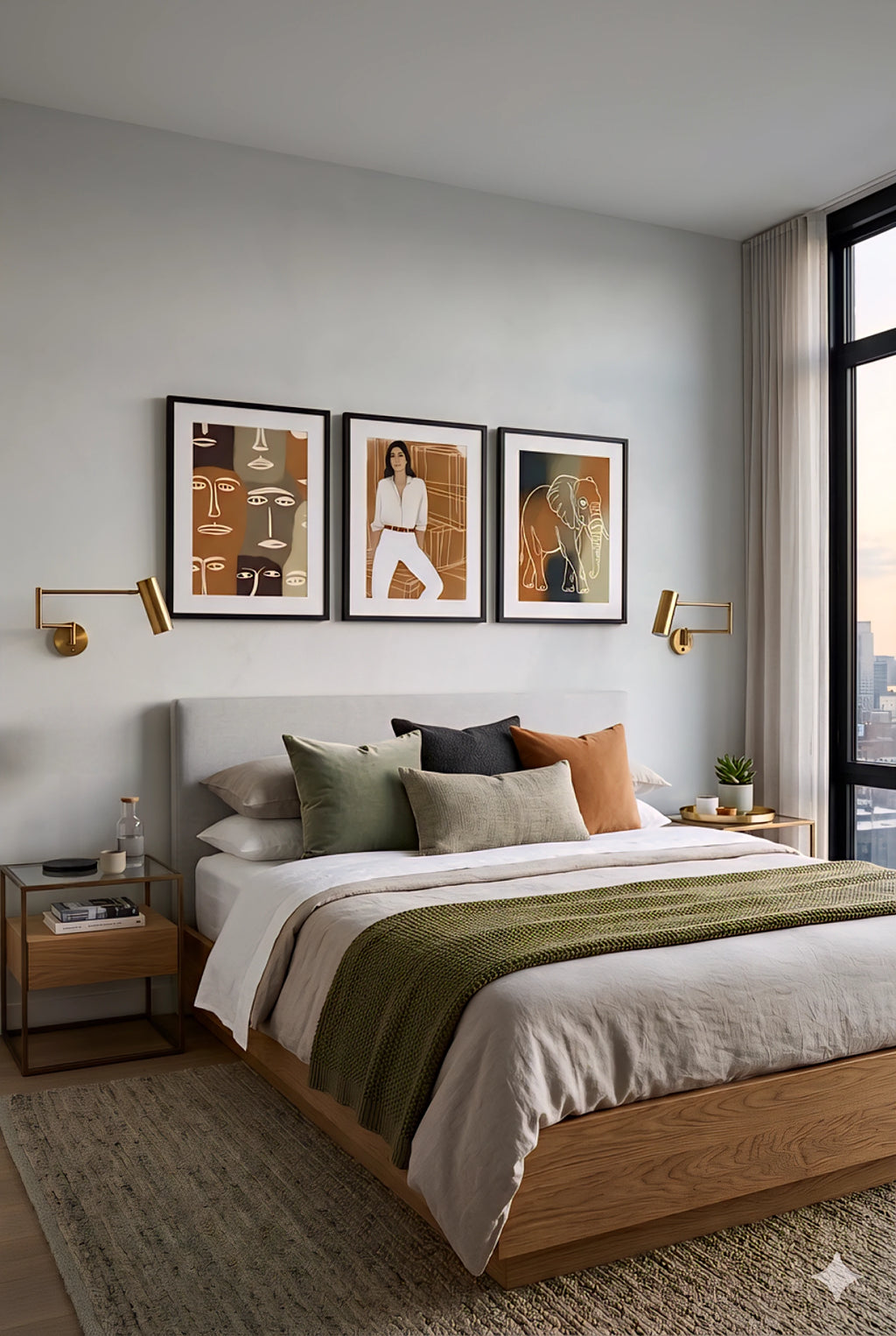 Earth tone safari wall art set above modern bed with neutral bedding, featuring abstract faces, portrait, and elephant prints